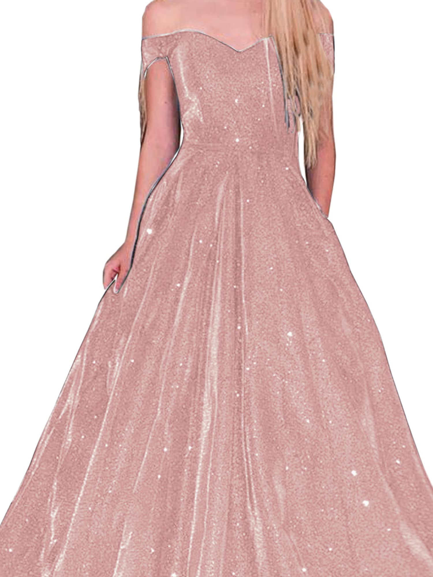 Elegant Off-the-Shoulder Glitter Prom Dress for Women - Formal Evening Gown with Pockets - Perfect for Homecoming, Wedding Guest & Cocktail Party