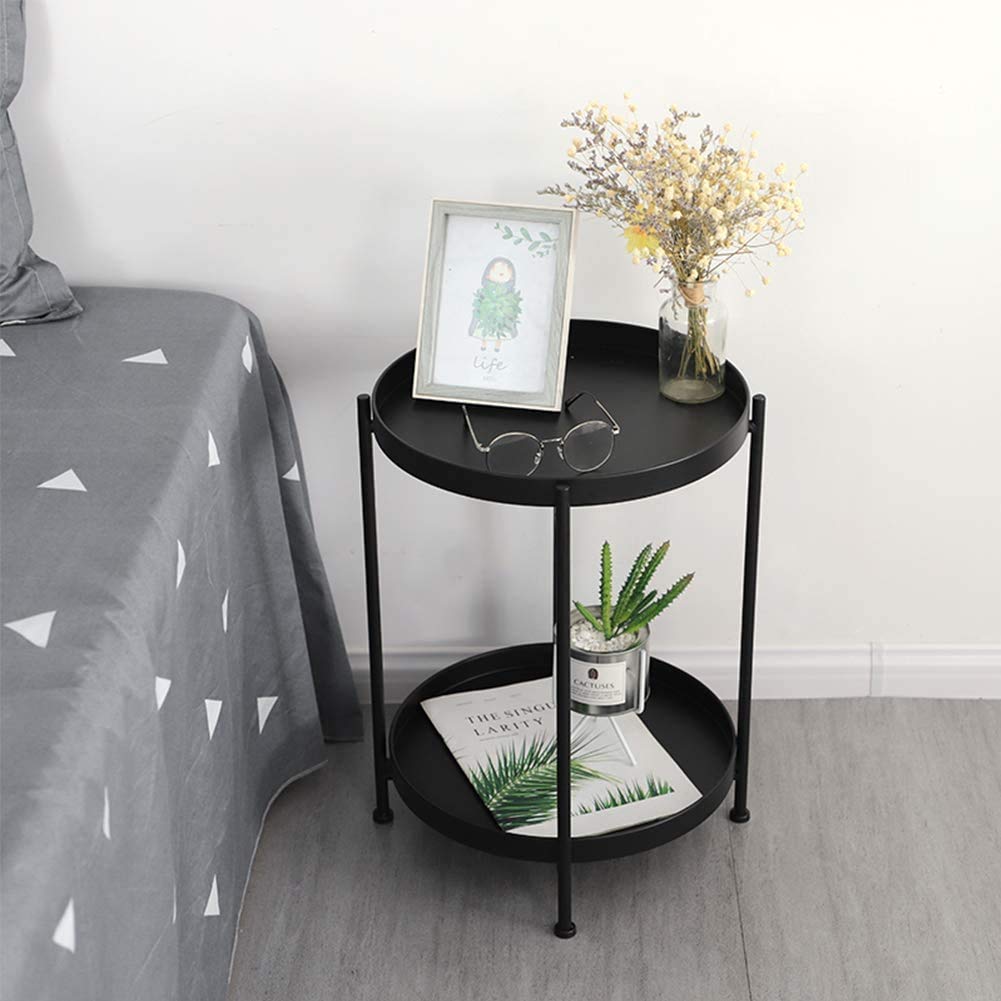 2-Tier Metal Round Tray Side Table - Small Folding Accent Coffee Table with Anti-Rust & Waterproof Finish - Perfect for Living Room, Bedroom, Balcony & Office - Black