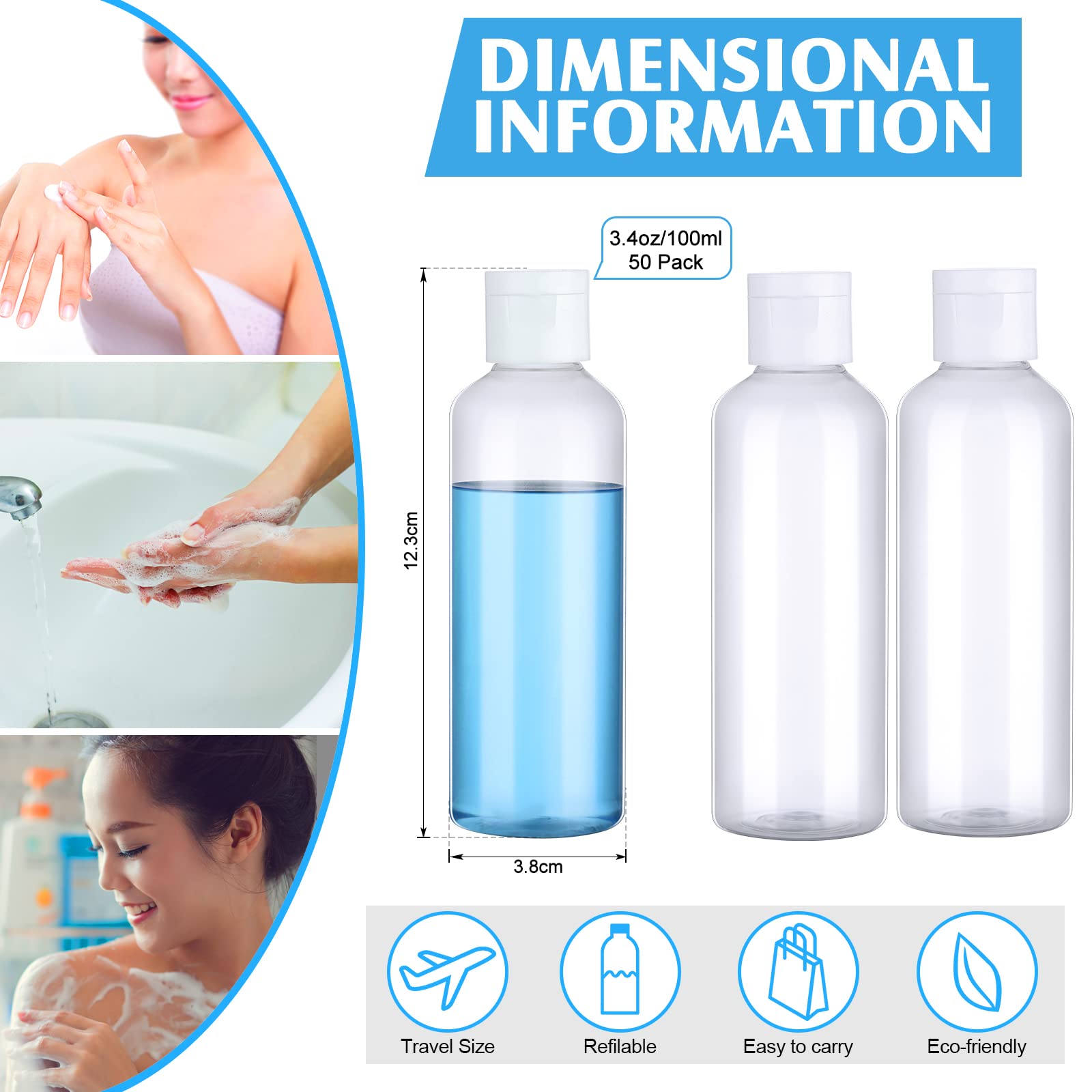 100 Pcs 3.4oz Small Travel Bottles - Clear Plastic Empty Squeeze Bottles for Shampoo, Lotion & Cosmetics | Refillable Leak-Proof Containers with 5 Funnels | Perfect for Travel, Toiletries & DIY Beauty Products
