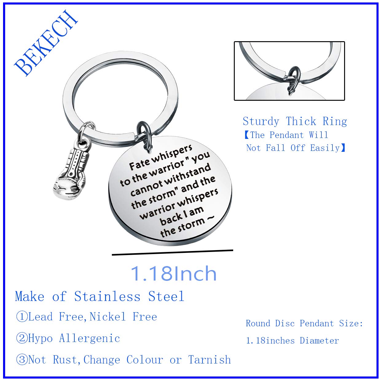BEKECH Boxing Glove Keychain - Unique Gift for Boxers & Fighters - 'Fate Whispers to The Warrior' Inspirational Keyring - Perfect for Boxing Enthusiasts, Coaches & MMA Fans - Great for Gyms, Training & Motivational Gifts