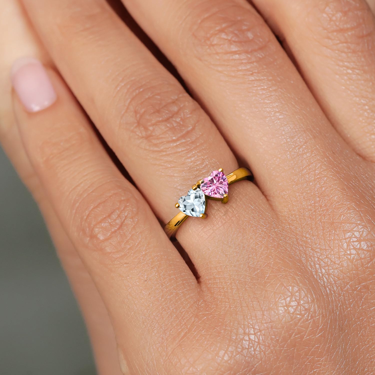 Gem Stone King 18K Yellow Gold Plated Silver Heart Shaped Ring with Sky Blue Aquamarine & Pink Moissanite (0.92 CTTW) - Perfect for Valentine's Day Gifts, Anniversary Presents & Romantic Occasions
