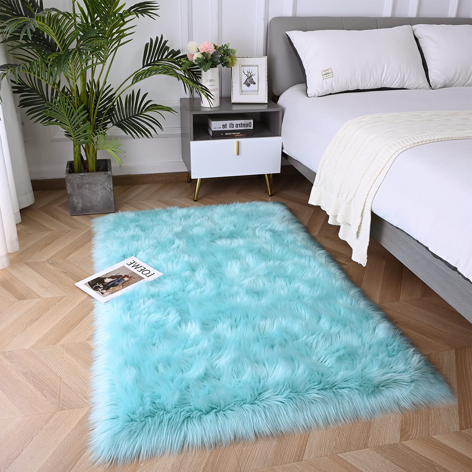 Ultra Soft Faux Sheepskin Fur Area Rug - Fluffy Shag Rug 3x5 Feet in Teal Blue | Cozy Living Room, Bedroom & Nursery Decor