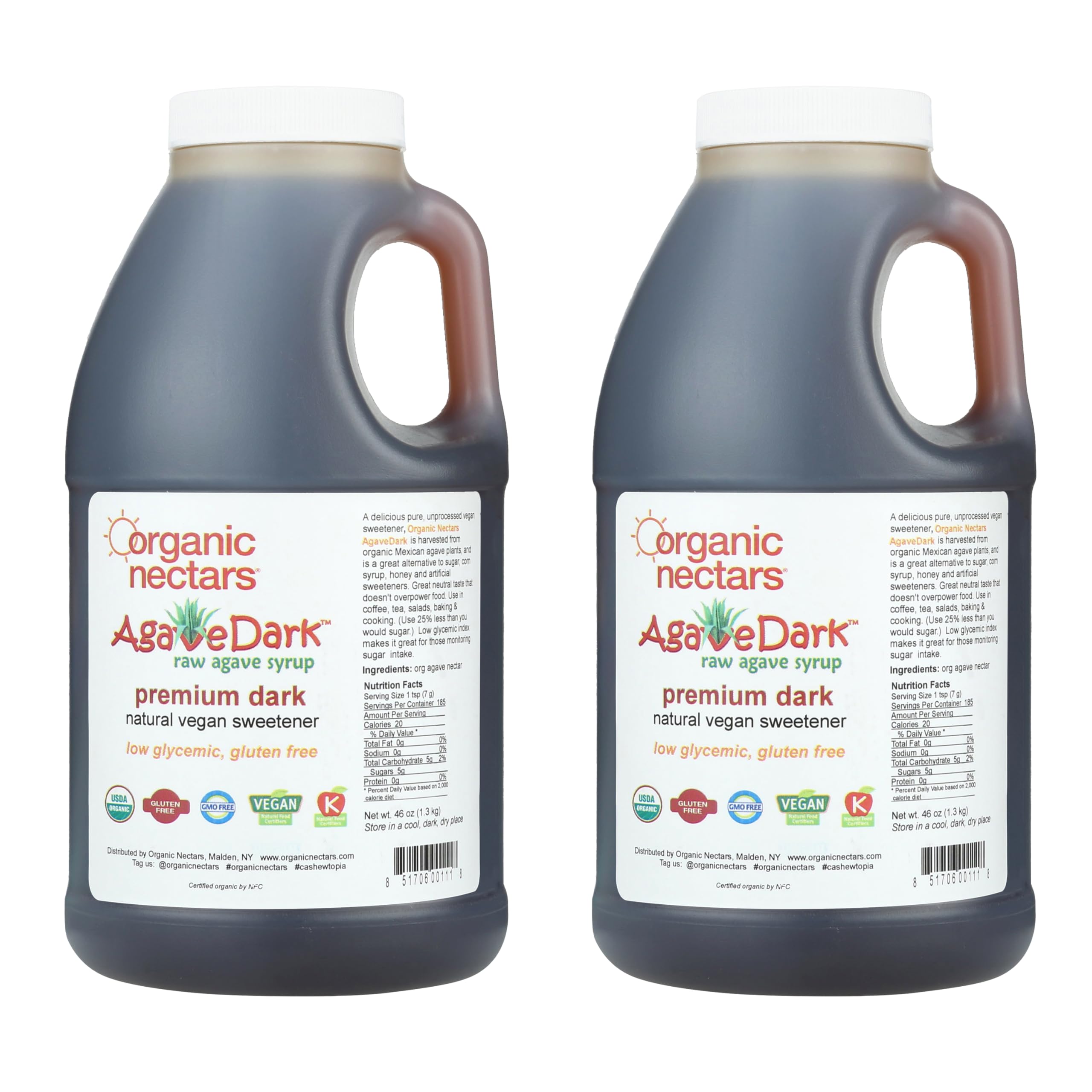 Organic Nectars 100% Raw Premium Dark Agave Syrup - Natural Sweetener, 46-Ounce (1.36L) Jug, Pack of 2 | Perfect for Baking, Coffee, Tea, Cocktails & Healthy Recipes