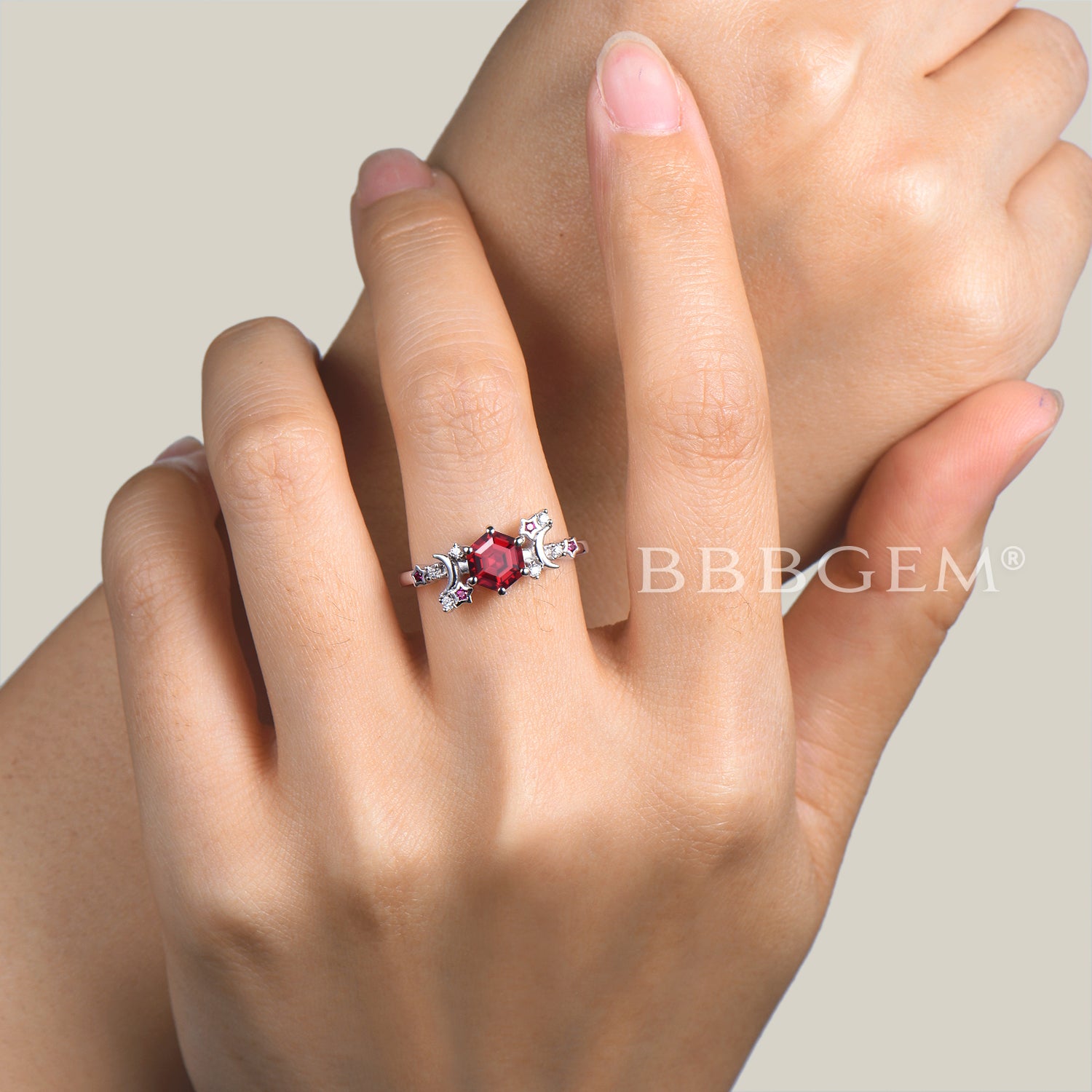 Hexagon Cut Ruby Engagement Ring with Diamonds - Elegant Celestial Wedding Band for Women, Perfect for Proposals, Anniversaries, and Bridal Jewelry Gifts