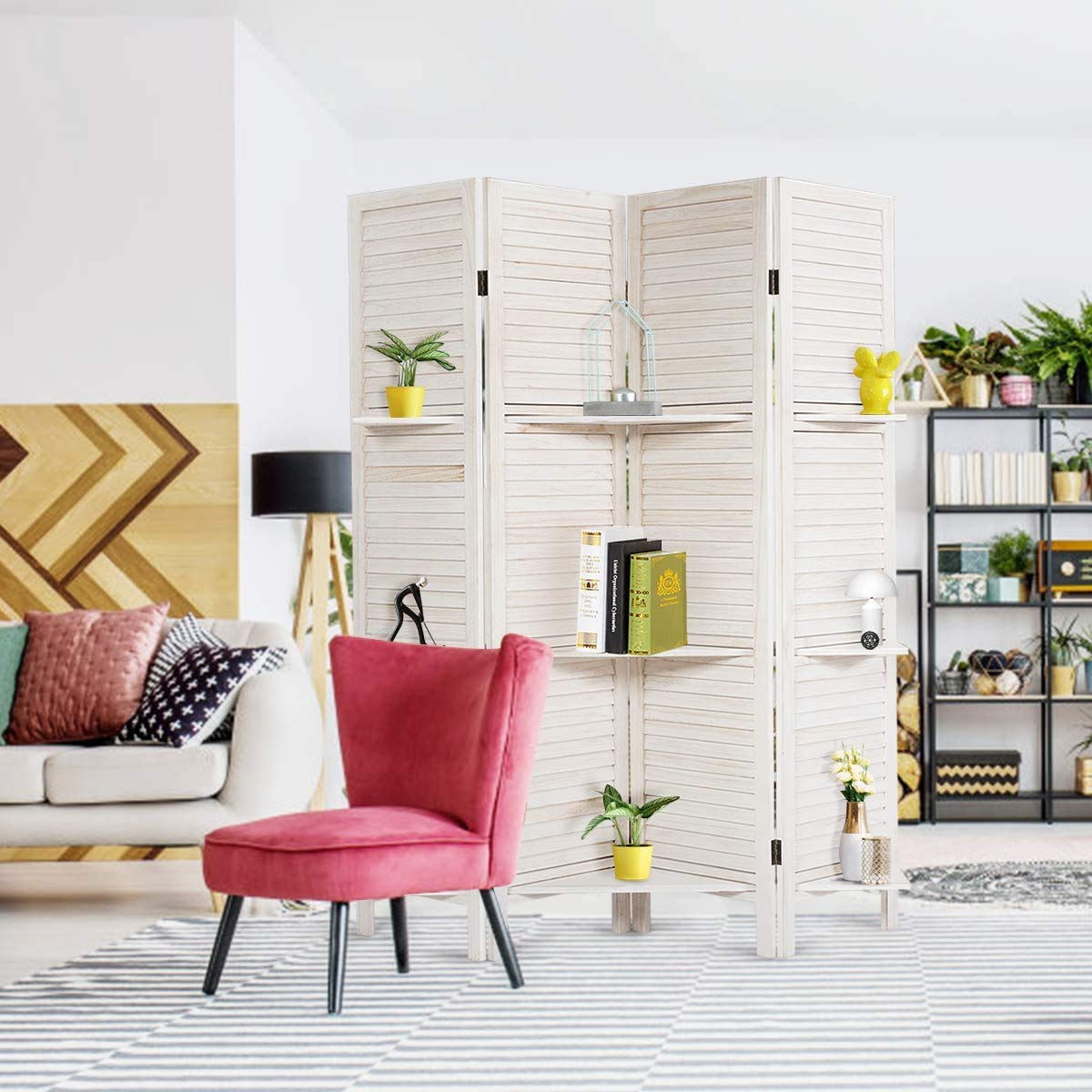 Happygrill 4 Panel Folding Room Divider with Display Shelf - 5.6 Ft Tall Privacy Screen for Home Office, Bedroom Separation & Space Partition - Perfect for Creating Private Workspaces, Room Dividers for Apartments, and Decorative Room Separators