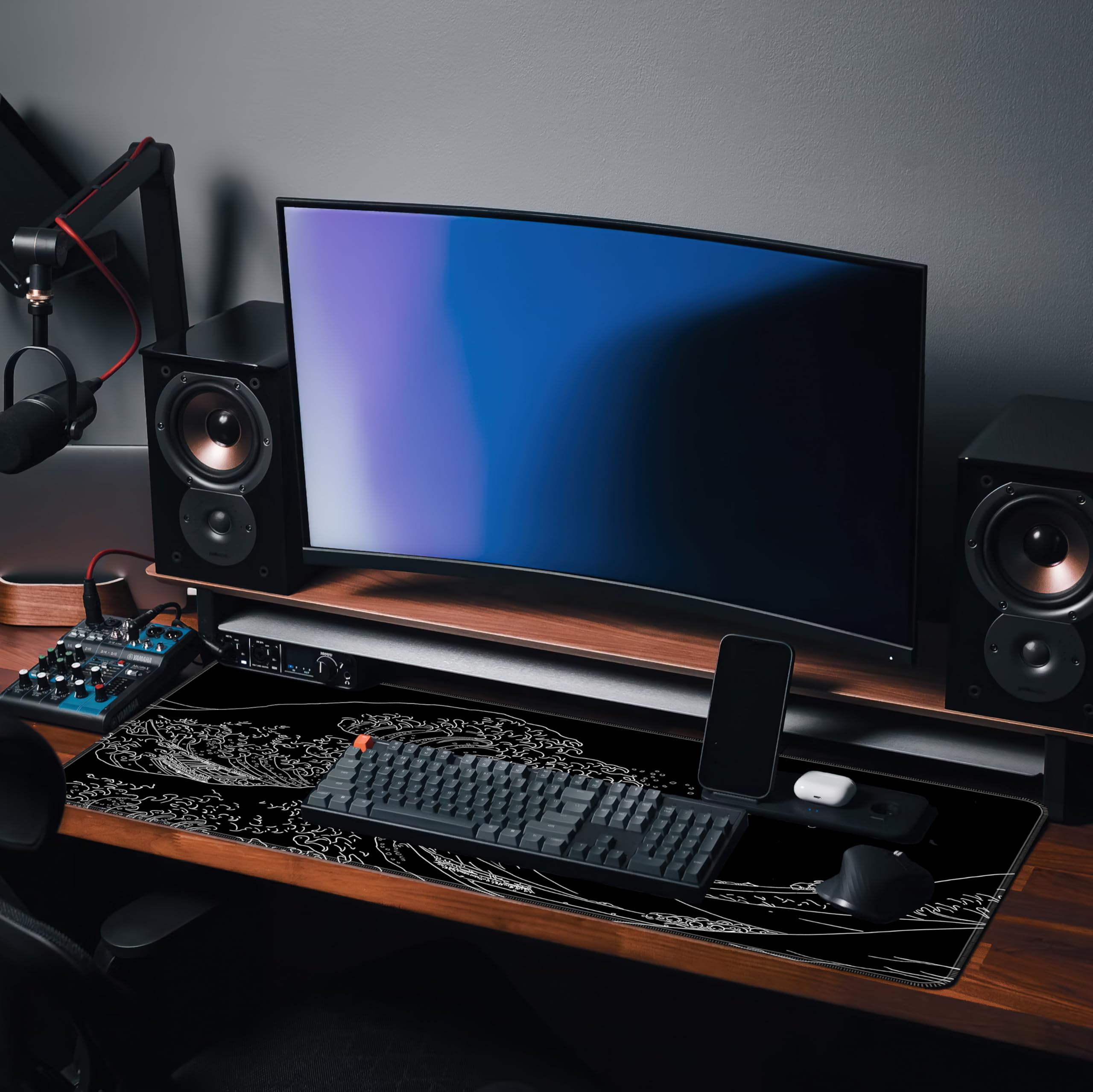 BZU Japanese Sea Wave Design Extended XL Gaming Mouse Pad - 31.5x11.8 Inch Large Desk Mat with 3mm Non-Slip Base & Stitched Edges for PC, Computer, Office & Home Use - Perfect for Gaming, Work & Productivity