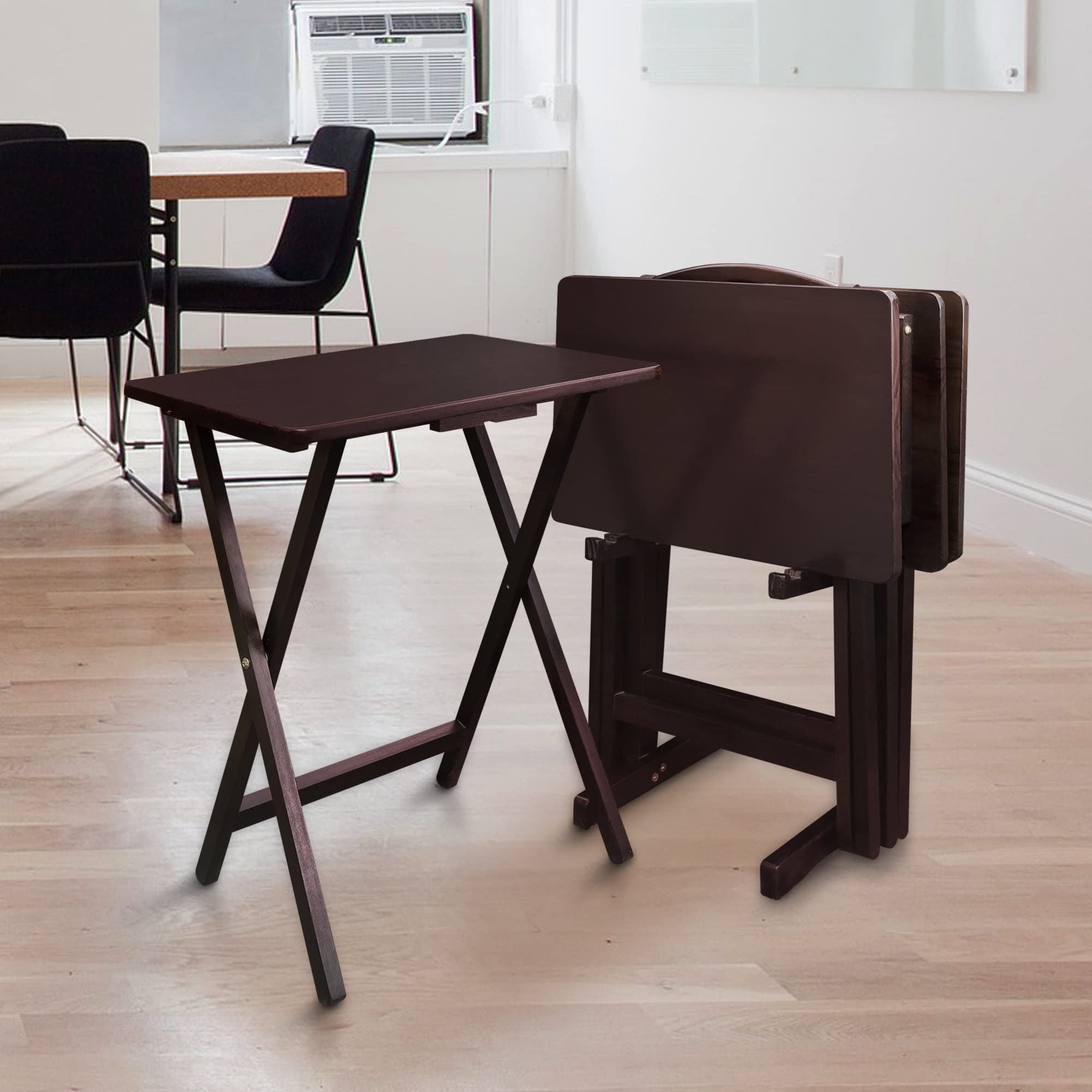 5-Piece TV Tray Table Set with 4 Trays & 1 Stand - Foldable, Lightweight & Sturdy Brown Serving Tables for Living Room, Bedroom, or Outdoor Use - Perfect for Meals, Snacks, Laptops & Crafts