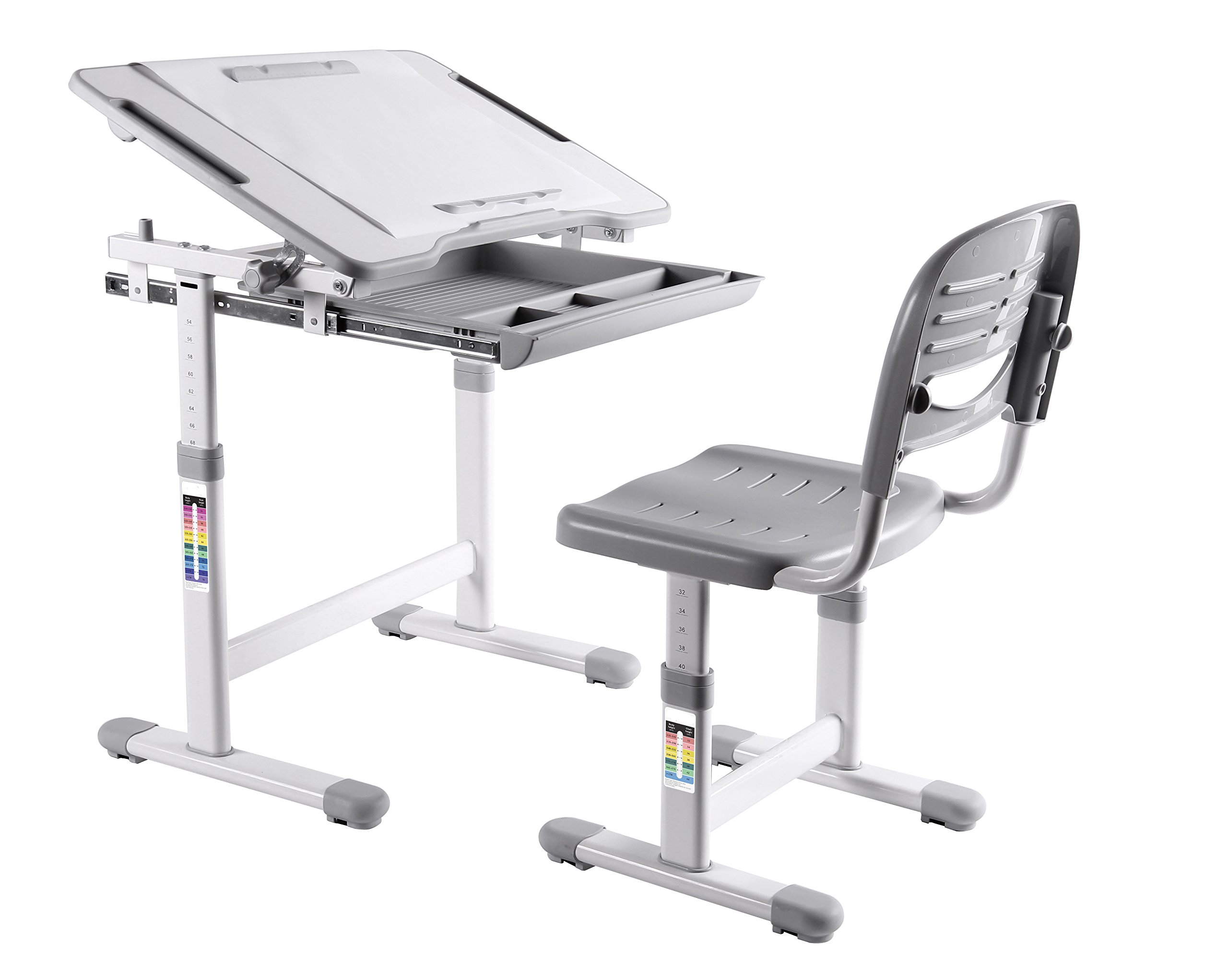 Ergonomic Adjustable Kids Desk & Chair Set with Drawing Paper Roll - Grey - Perfect for Study, Drawing & Homework in Children's Room