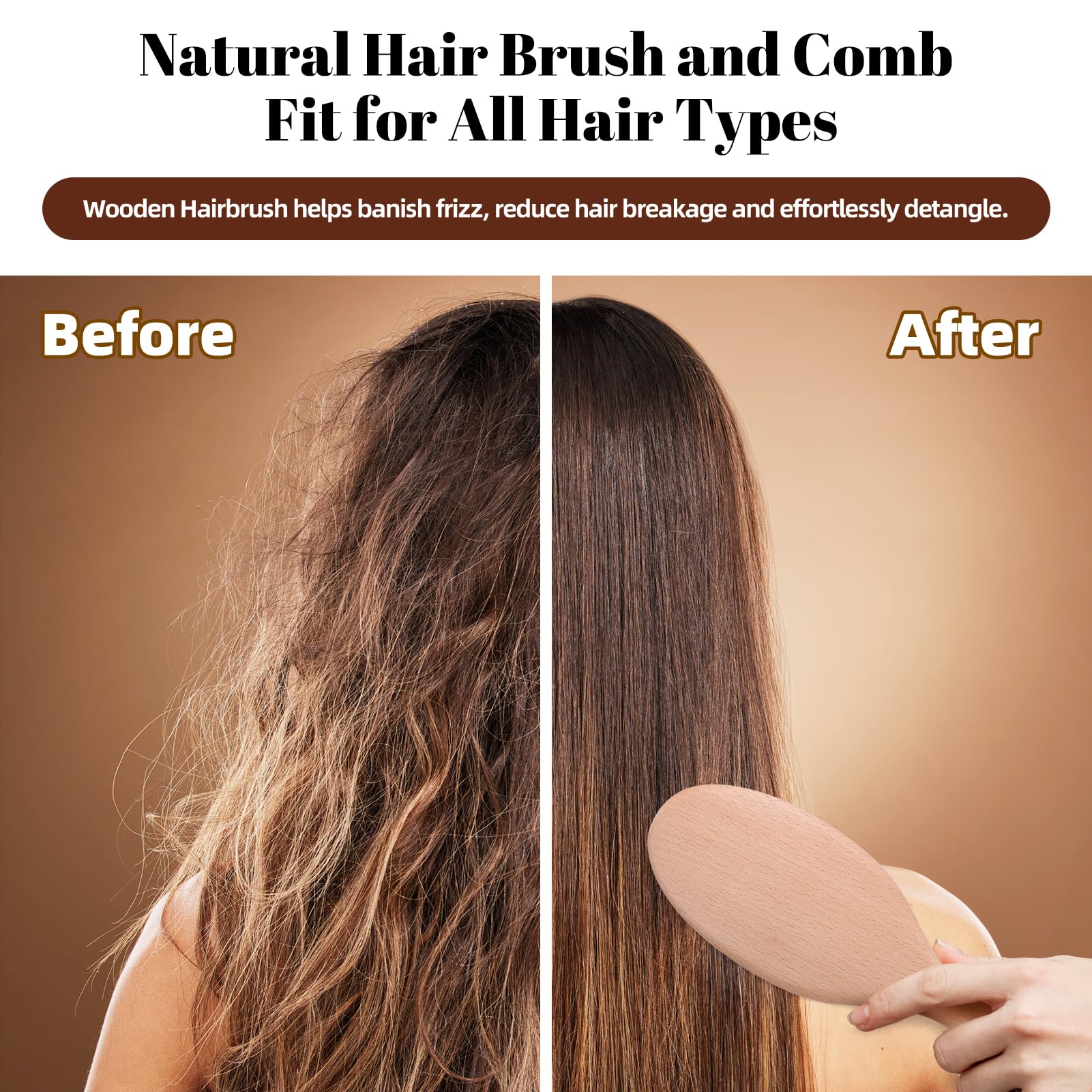 Wooden Hair Brush & Comb Set - Reduce Frizz, Static & Scalp Massage for Women & Kids - Home & Travel Use