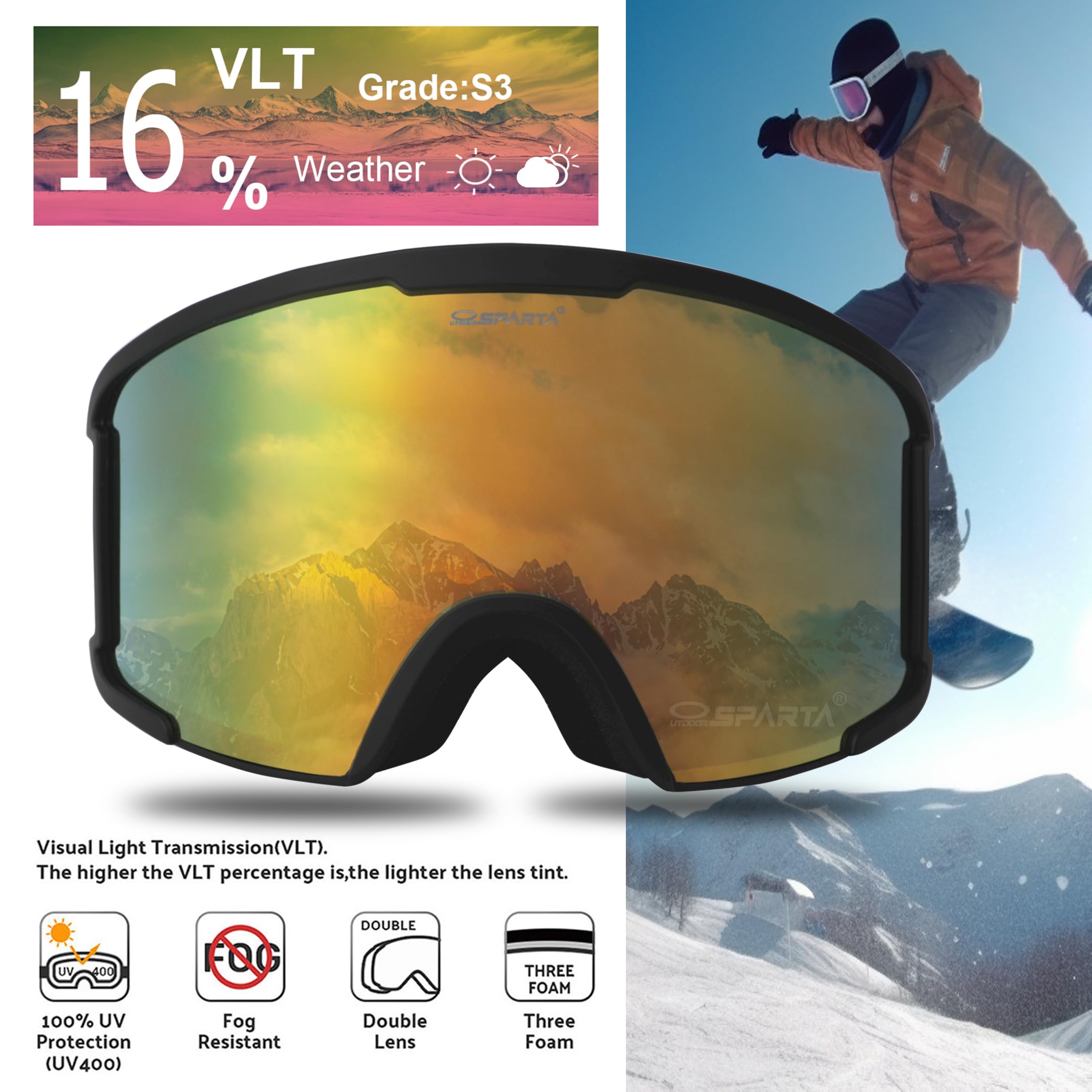 OTG Ski Goggles for Men, Women & Youth - Over Glasses Snowboard Goggles with 100% UV Protection & Anti-Glare Lens - Perfect for Skiing, Snowboarding & Winter Sports