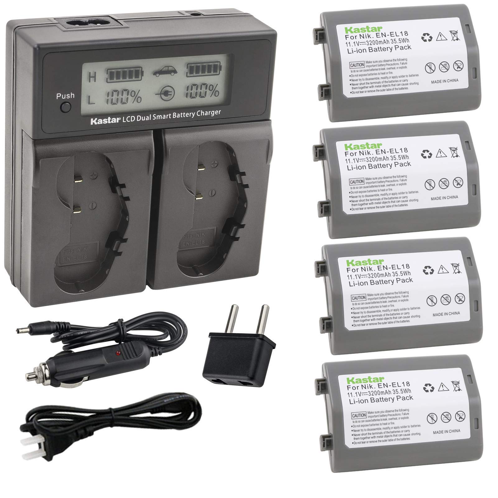 Kastar LCD Dual Smart Fast Charger & Battery (4 Pack) for Nikon EN-EL18/EN-EL18a/ENEL18/ENEL18a/MH-26/MH-26a - Compatible with Nikon D4/D4S/D5 DSLR Cameras & MB-D12 Battery Grip - Perfect for Professional Photography & Travel Shooting
