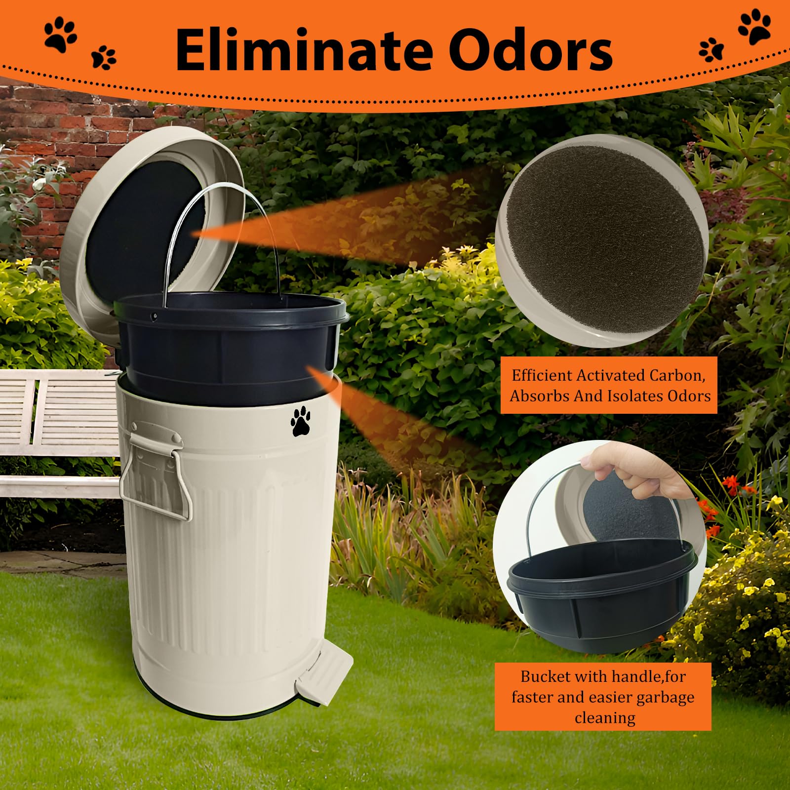 12L/3.1Gal Metal Outdoor Dog Waste Trash Can with Lid & Foot Pedal - Includes 100 Dog Poop Bags, Soft Close Design, White Round Pet Waste Bin for Backyard, Garden & Park Cleanup