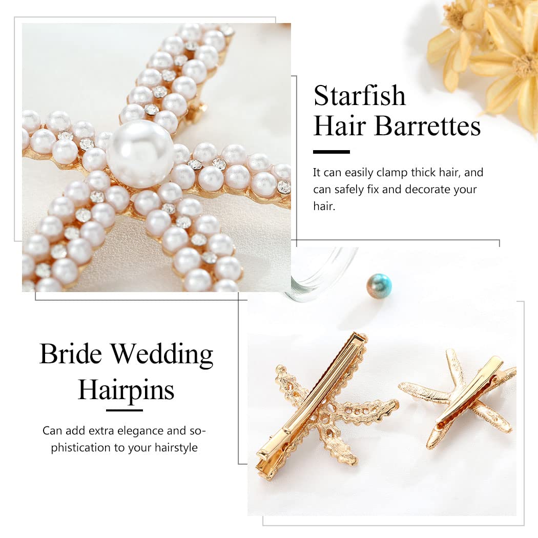BARTOSI Gold Pearl Starfish Hair Clips - Elegant Mermaid Hair Barrettes for Women & Girls (Pack of 2) | Perfect for Beach Weddings, Summer Parties & Boho Fashion Accessories
