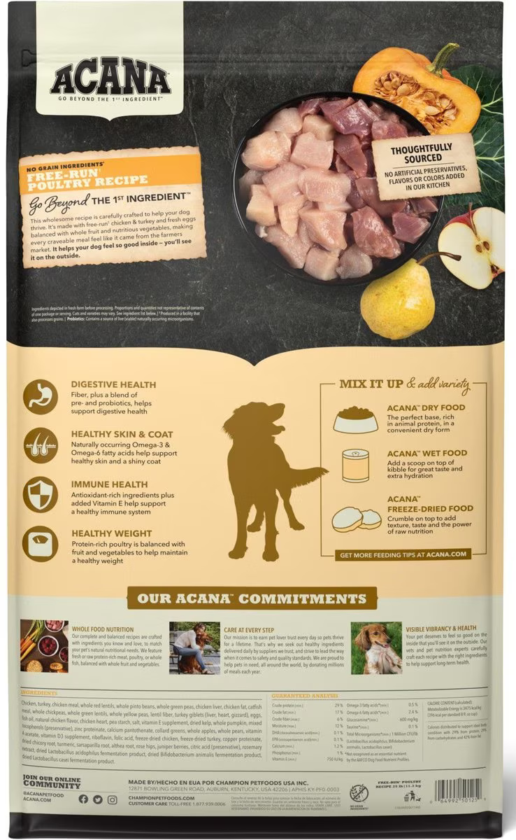 Acana Grain Free Dry Dog Food - 60% Free-Run Poultry Recipe - High Protein Kibble for Active Dogs | Perfect for Adult Dogs & Puppies with Sensitive Stomachs | Ideal for Daily Feeding & Training Treats