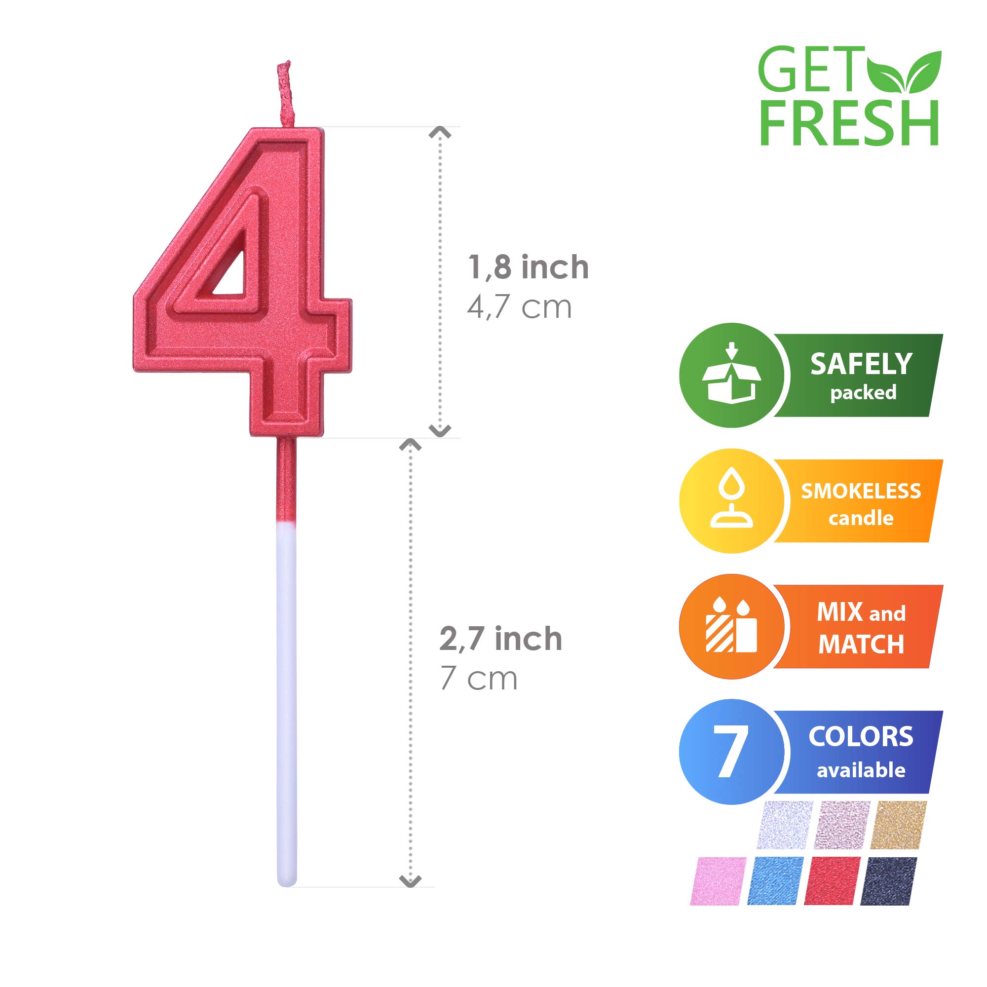 GET FRESH Red Number 4 Birthday Candle on Stick – Elegant 4th Birthday Cake Topper for Anniversary & Wedding Decorations – Perfect for Baby's 4th Birthday Party, Cake Decorating & Celebration Scenes
