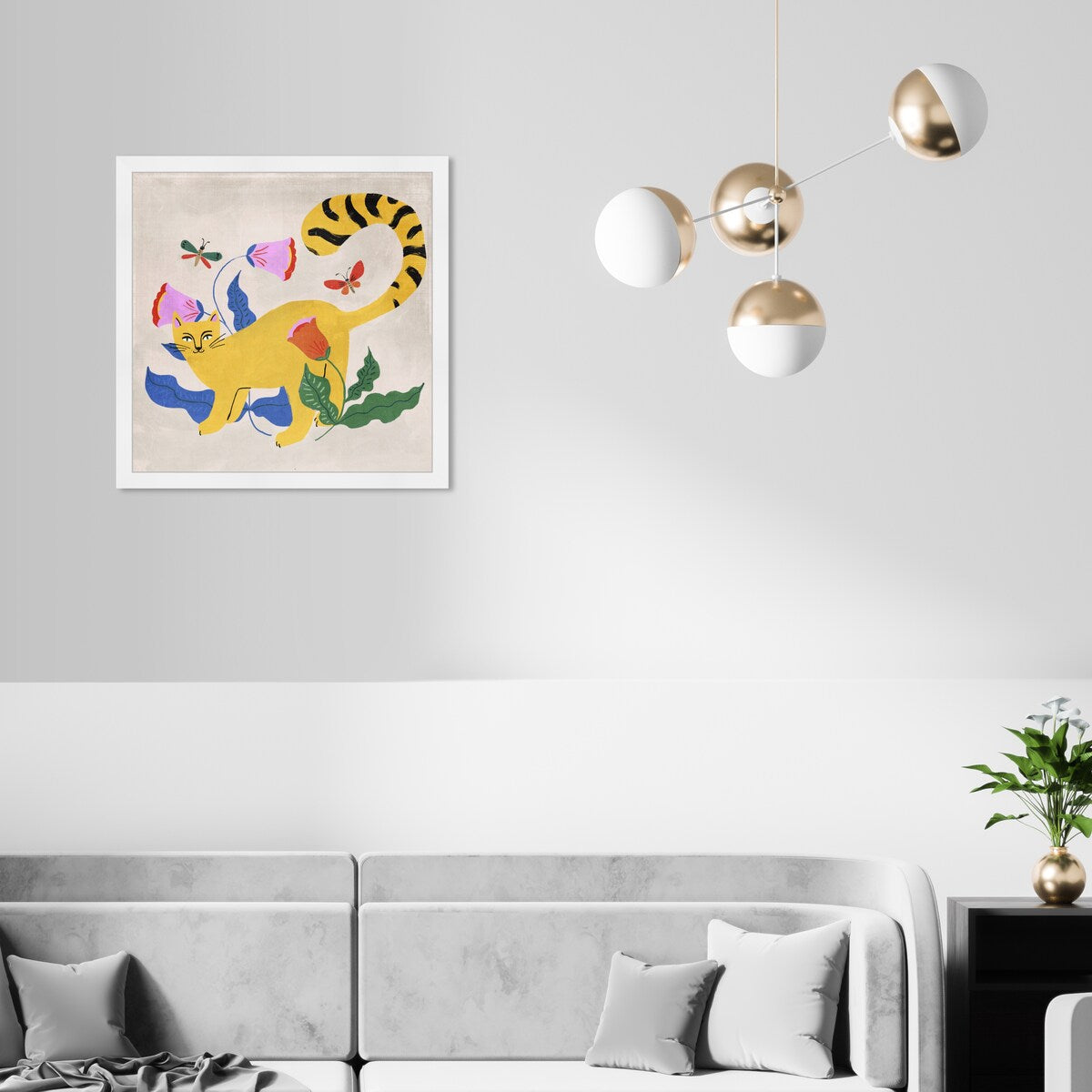 Blonde Tabby Floral Kitten Butterfly Garden Modern Yellow Framed Wall Art Print - Perfect for Bedroom, Nursery & Home Decor