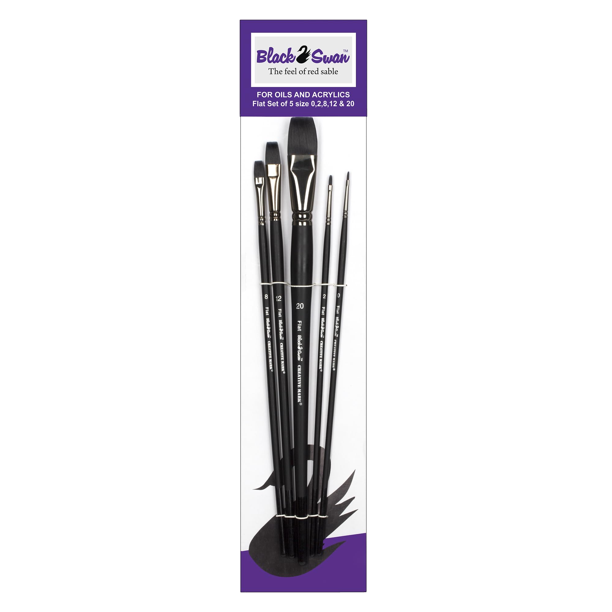 Premium Black Swan Synthetic Red Sable Paint Brushes - 5-Piece Flat Brush Set with Long Handle for Oil, Acrylic & Heavy Body Media - Professional Artist Tools for Beginners to Experts - Perfect for Canvas Painting, Watercolor & Fine Art Projects