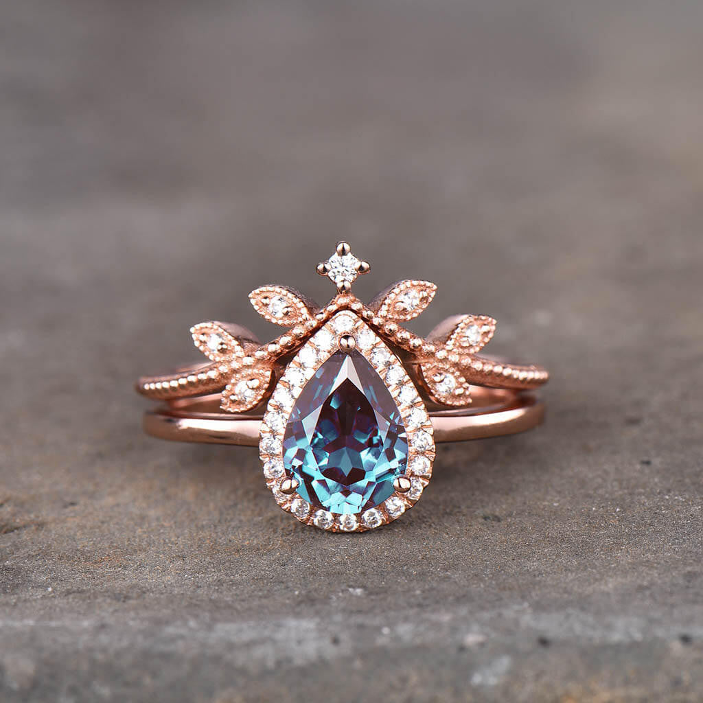 Vintage Pear Shaped Alexandrite Engagement Ring Set with Leaf Diamond Accents - 2 Piece Bridal Jewelry Set for Wedding, Proposal & Anniversary Gifts