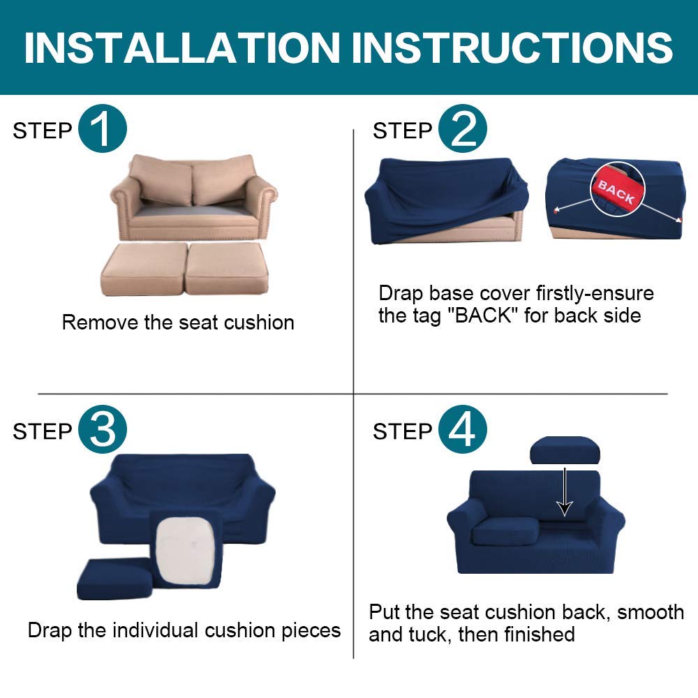 Turquoise Navy Blue 3-Piece Sofa Cover Set - Stretchable Slipcover for 3-Seater Couch & 2-Seater Loveseat - Perfect for Living Room, Family Room & Home Decor Protection