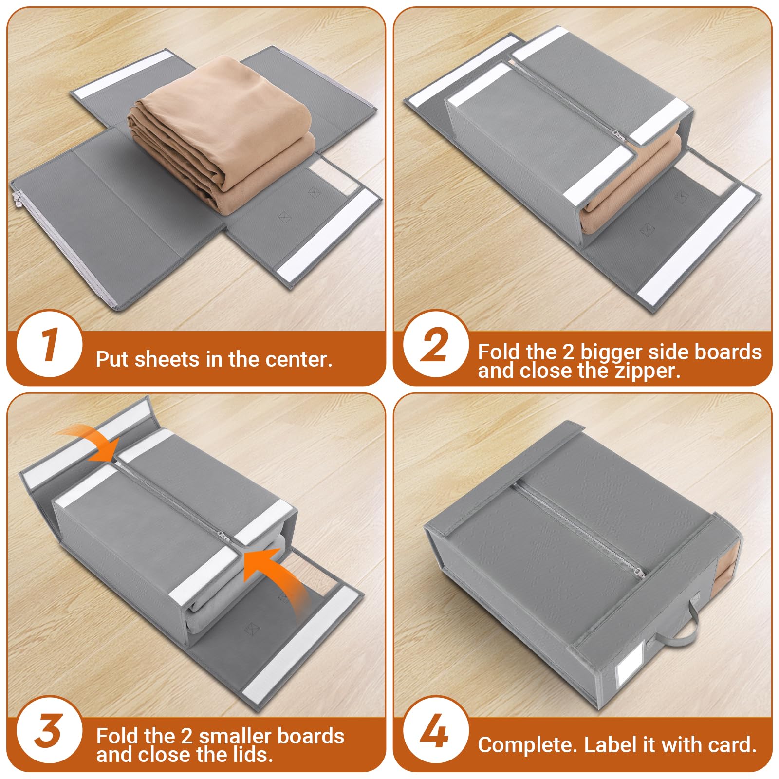 4 Pack Foldable Closet Organizers with Window & Label - Sturdy Storage Containers for Bedding, Sheets, Duvet Covers & Blankets (Grey) - Perfect for Closet, Wardrobe & Home Organization