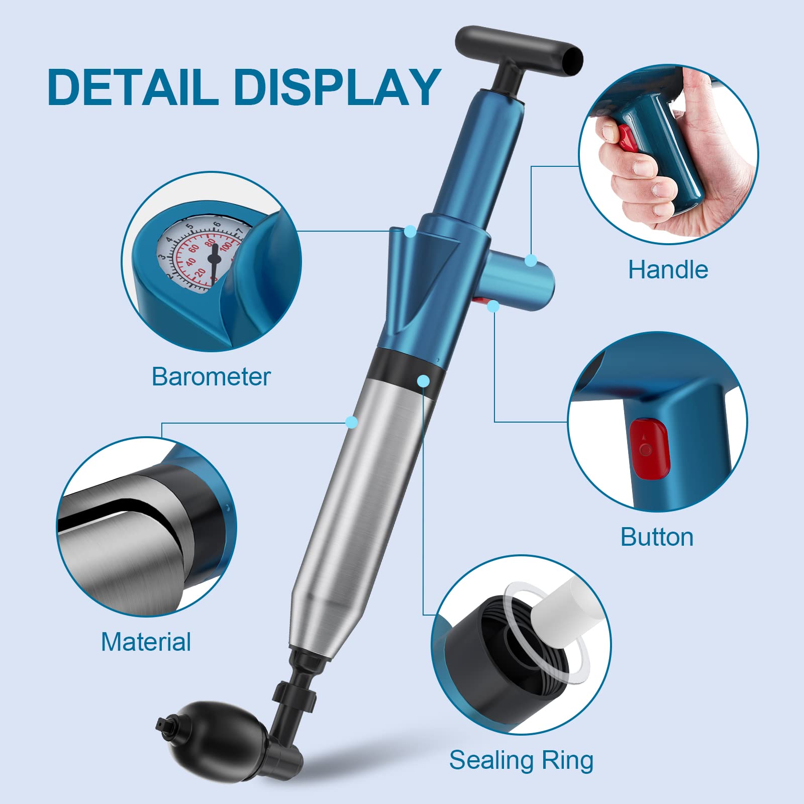 Stainless Steel Toilet Plunger - High Pressure Drain Blaster with Visual Barometer - Manual Clog Remover for Toilets, Sinks, Bathroom Pipes & Floor Drains - Perfect for Home, RV & Commercial Use