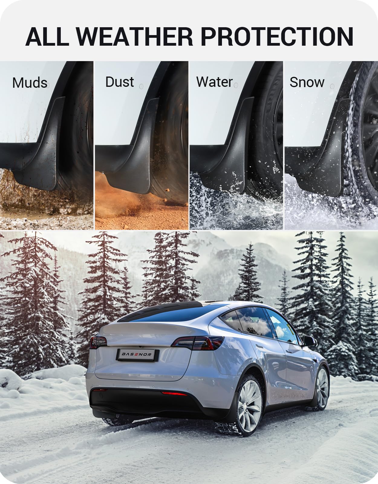 BASENOR Tesla Model Y Mud Flaps & Rear Seat Back Covers - Durable Splash Guards & Interior Protectors for Model Y SUV (2019-2023) | Perfect for All-Weather Protection & Family Road Trips