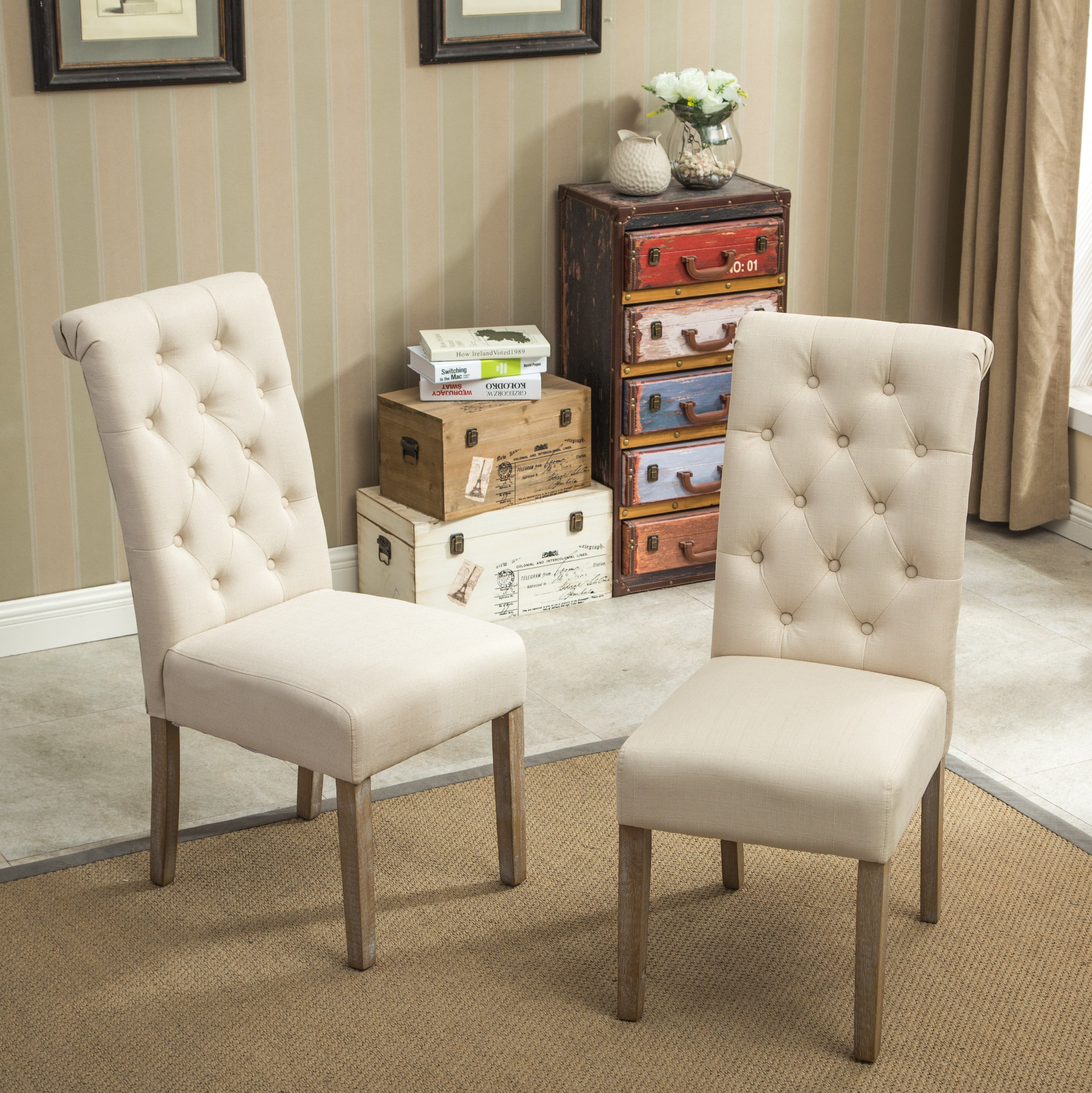 Roundhill Furniture Habit Solid Wood Tufted Parsons Dining Chair Set of 2, Tan - Modern Farmhouse Style Dining Chairs for Kitchen, Dining Room & Home Office