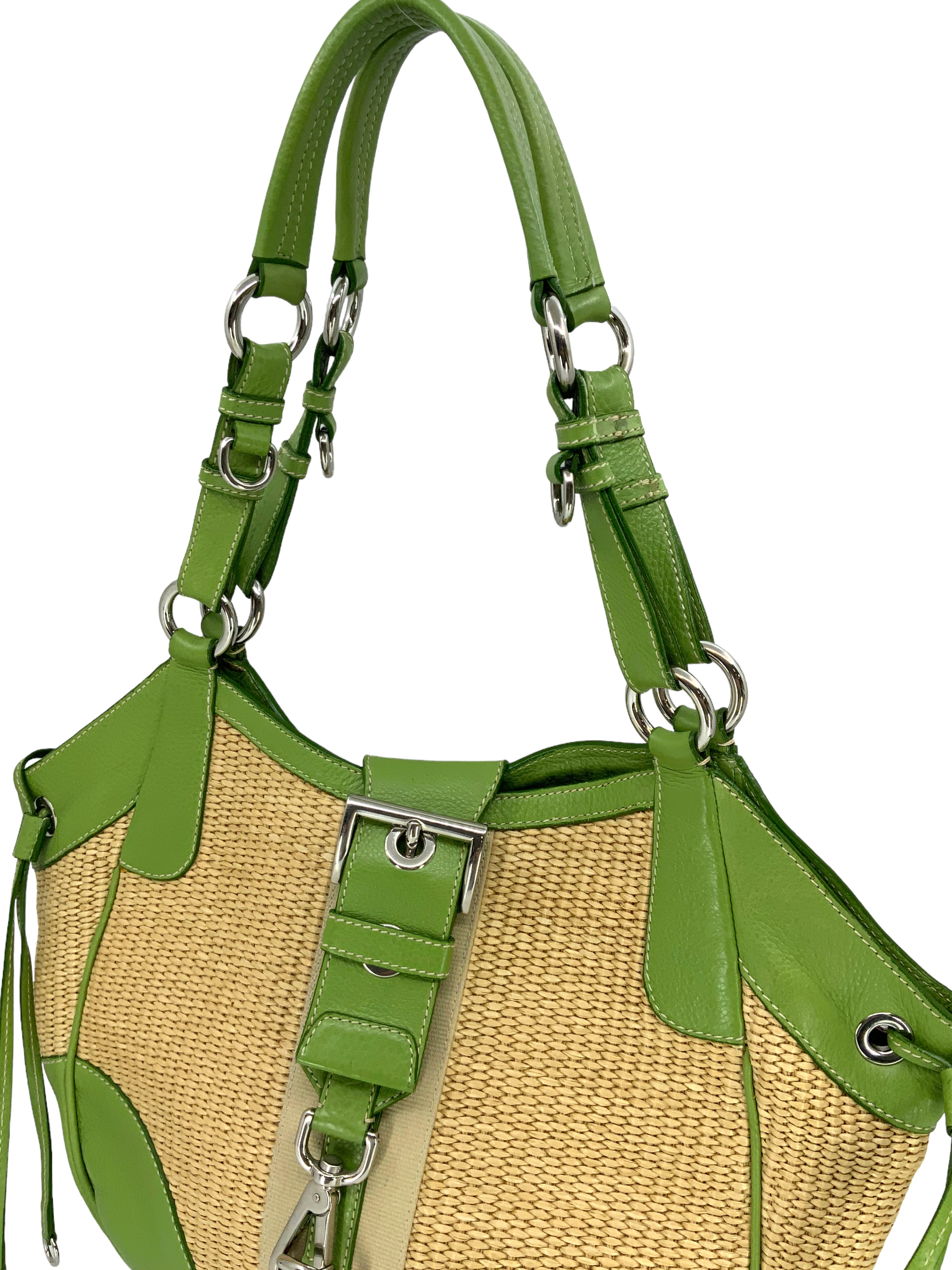 PRADA Leather and Straw Shoulder Bag for Women | Luxury Designer Handbag for Summer, Beach, and Casual Outings