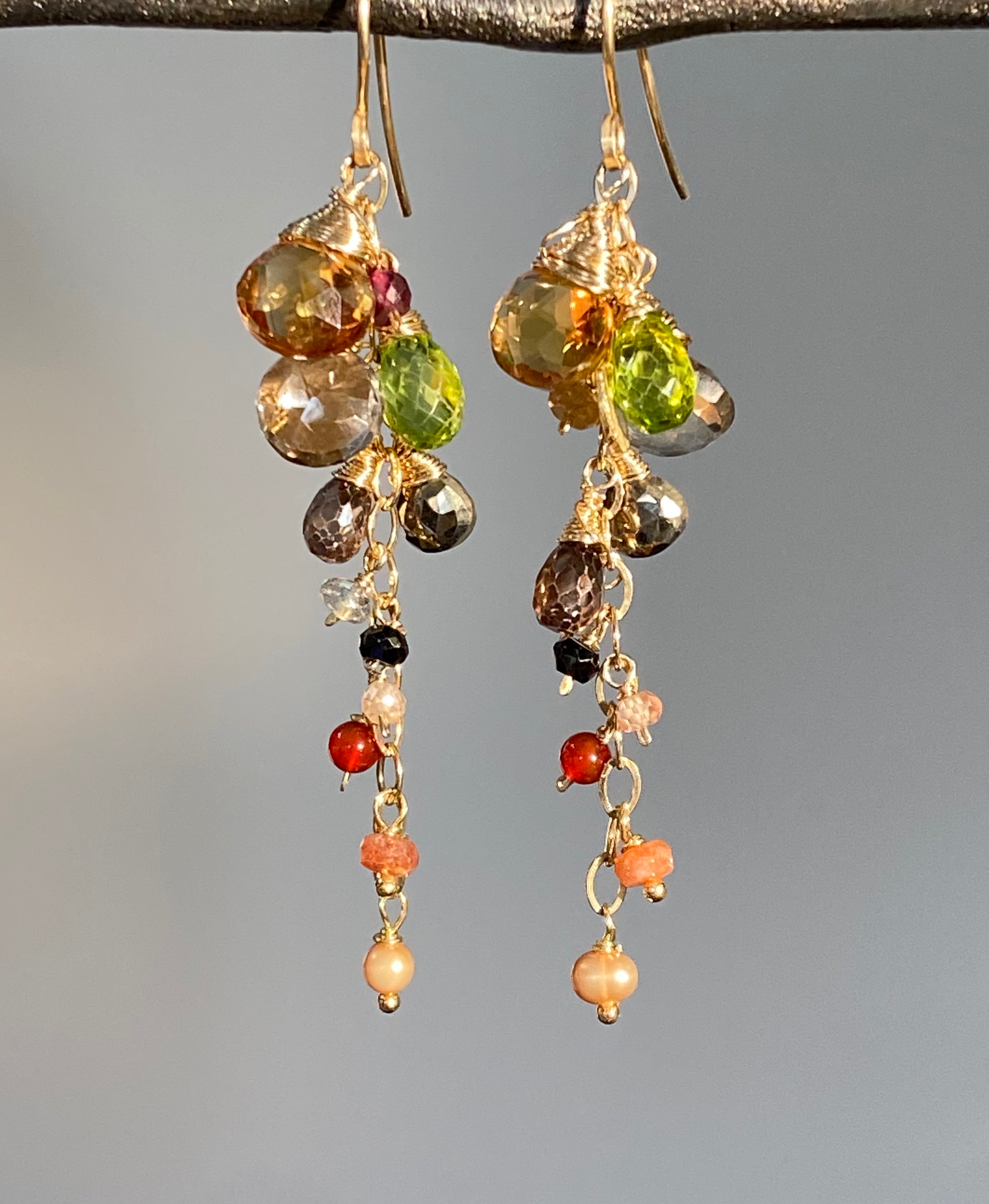 Elegant Citrine & Multi-Gemstone Dangle Earrings with Gold Chain Tassel & Peridot | Perfect for Weddings, Parties & Special Occasions