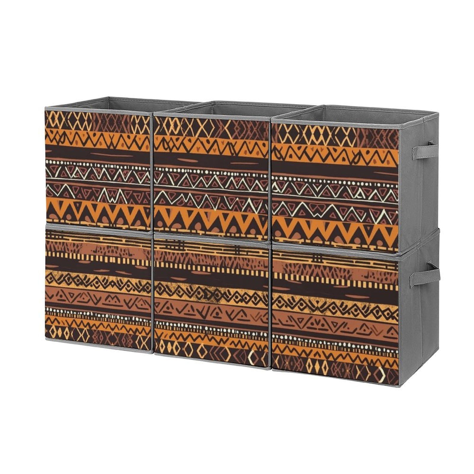 African Mud Cloth Tribal Storage Bins - 6 Pack Collapsible Fabric Baskets with Handles for Closet, Bedroom & Home Organization | Large Storage Cubes for Clothes, Toys & Household Items