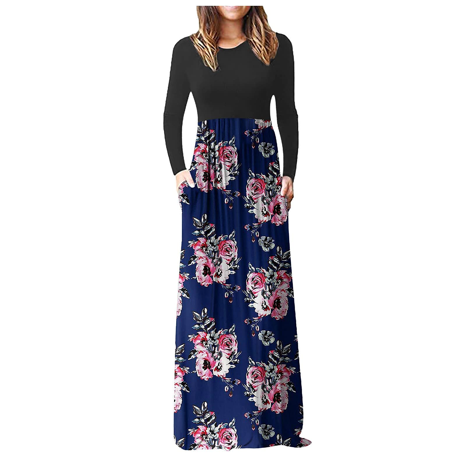 Women's Floral Print Long Sleeve Maxi Dress - Hemlock Fall Evening Party Gown with Pockets | Slim Fit Floor Length Dress for Weddings, Cocktail Parties & Formal Occasions