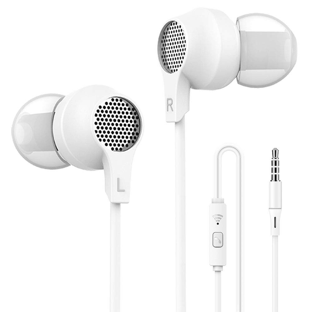 Premium Bass In-Ear Headphones with Microphone & Call Control - Noise Isolating Earbuds for iPhone/Android (3.5mm Jack) - Includes 6 Pairs S/M/L Ear Tips (White) - Perfect for Sleeping, Commuting & Workouts