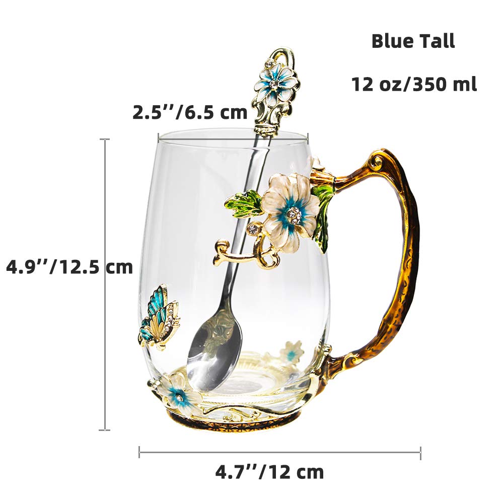 Handmade Enamel Tea Cup Glass Coffee Mugs (12 oz) with Spoon Set - Light Blue Tall - Perfect for Mother's Day, Birthday, Wedding Anniversary & Christmas Gifts for Women - Ideal for Tea, Coffee, Hot Chocolate & Dessert Serving at Home or Office