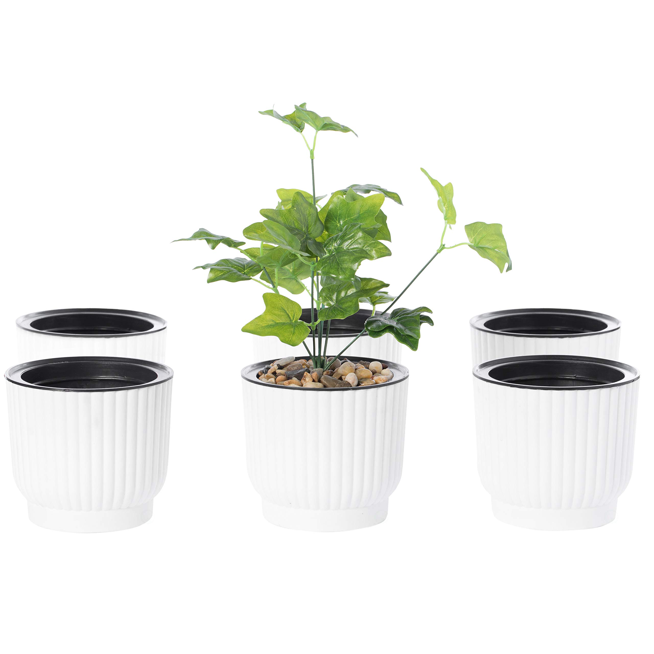 Gardenised 6-Pack Self-Watering White Flower Pots - Indoor/Outdoor Planters with Drainage Holes for Home Decor, Balcony, Office & Garden Use