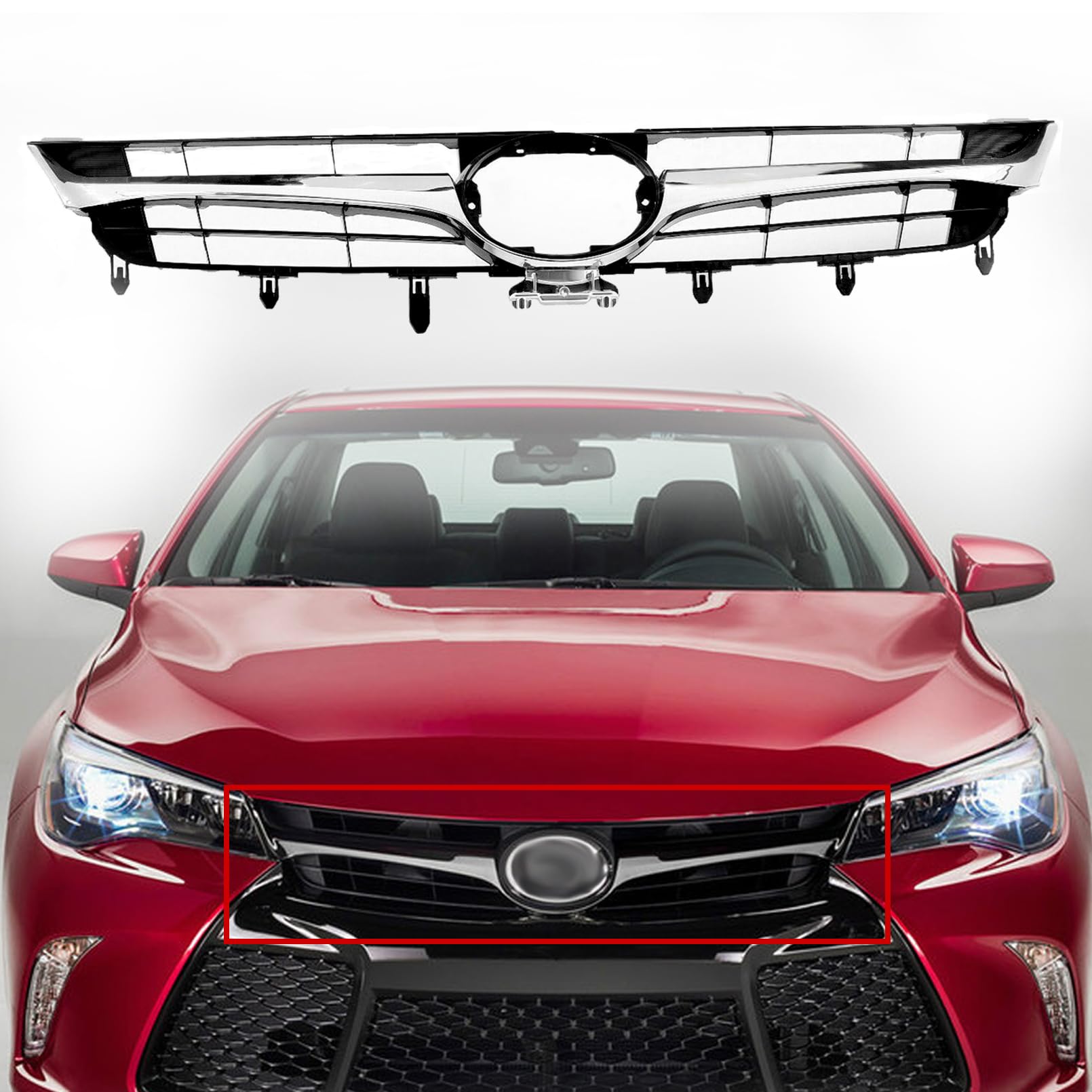 Chrome Front Bumper Upper Grille Replacement for 2015-2017 Toyota Camry LE XLE SE XSE - Compatible with Part Numbers 5310106411 & TO1200377 | Perfect Upgrade for Car Exterior Styling & Protection