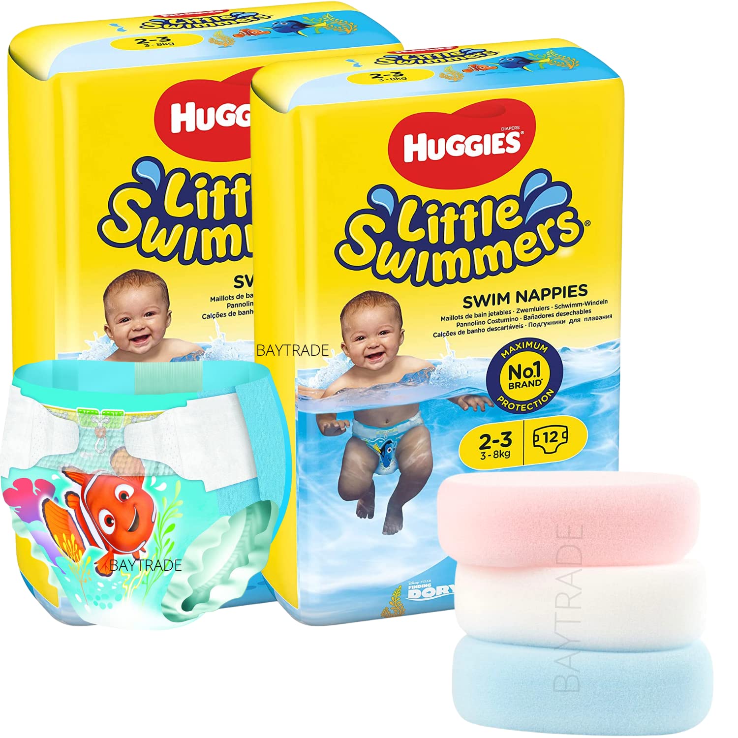 24 Pack Disposable Swim Diapers for Babies & Toddlers - Size 2-3 (3kg-8kg) - Waterproof Swim Nappies for Pool, Beach & Water Play - Includes Free Bath Sponges