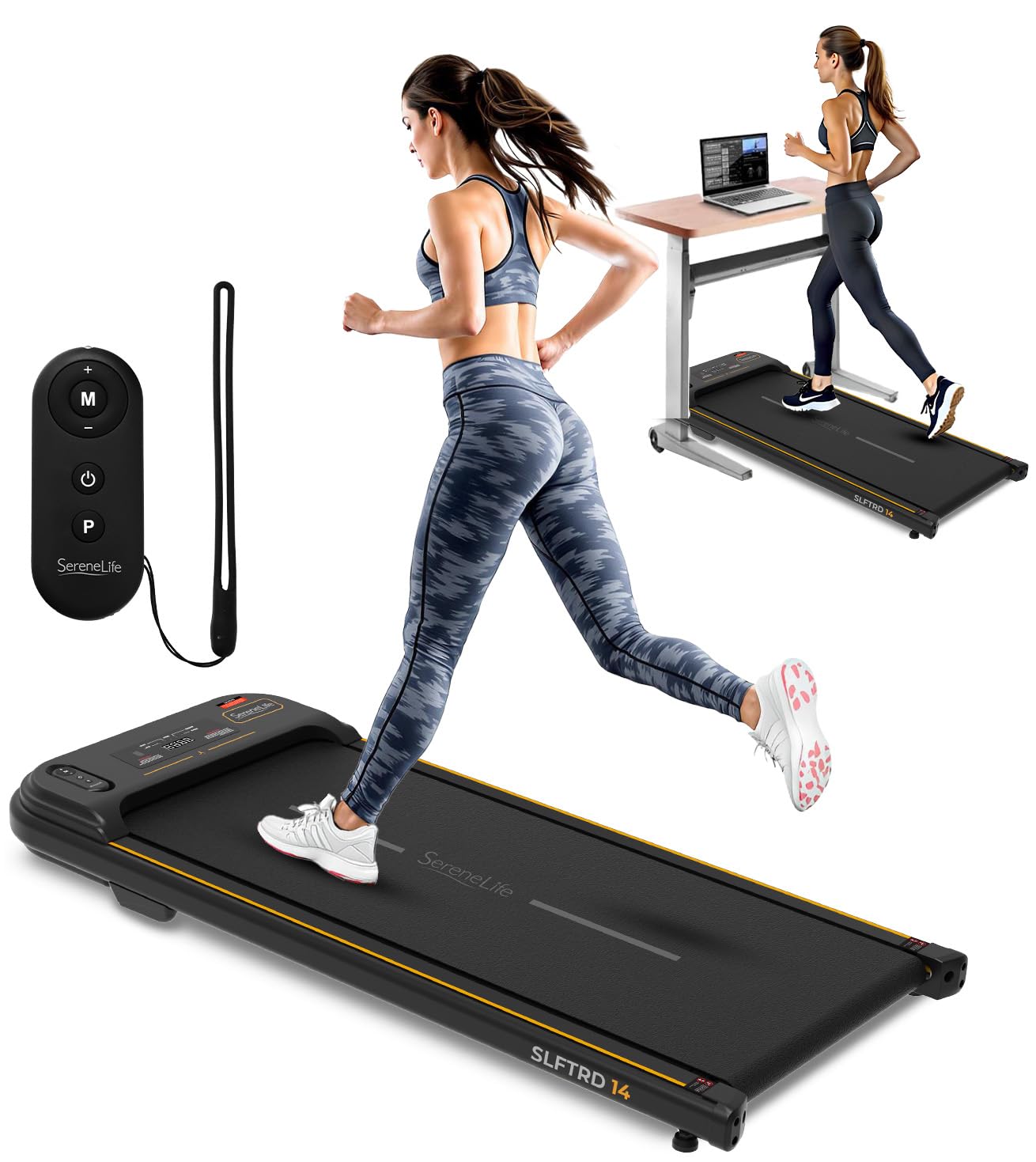 SereneLife Walking Pad Treadmill with Remote Control - 0.6 to 8.7 MPH Smart Speed Adjustable Under Desk Treadmill for Home & Office, Shock Absorption, App Support, 265lbs Weight Capacity | Compact Walking Mat for Small Spaces, Work from Home Fitness Equipment