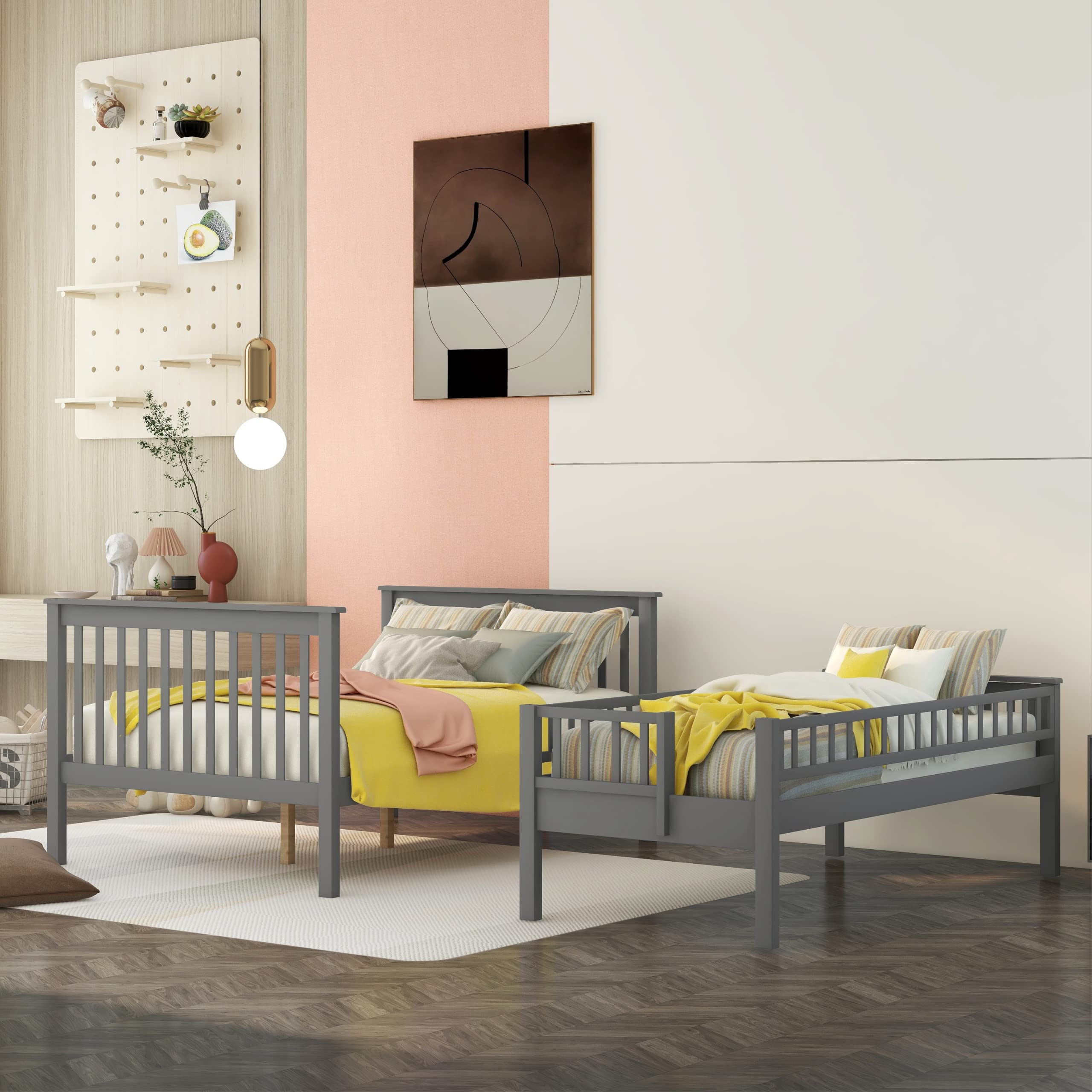 Harper & Bright Designs Twin Over Full Bunk Bed with Stairs - Sturdy Wooden Bunk Bed Frame with Storage Shelves, No Box Spring Needed - Space-Saving Kids & Teens Bedroom Furniture (Grey) - Perfect for Small Rooms, Shared Bedrooms & Vacation Homes