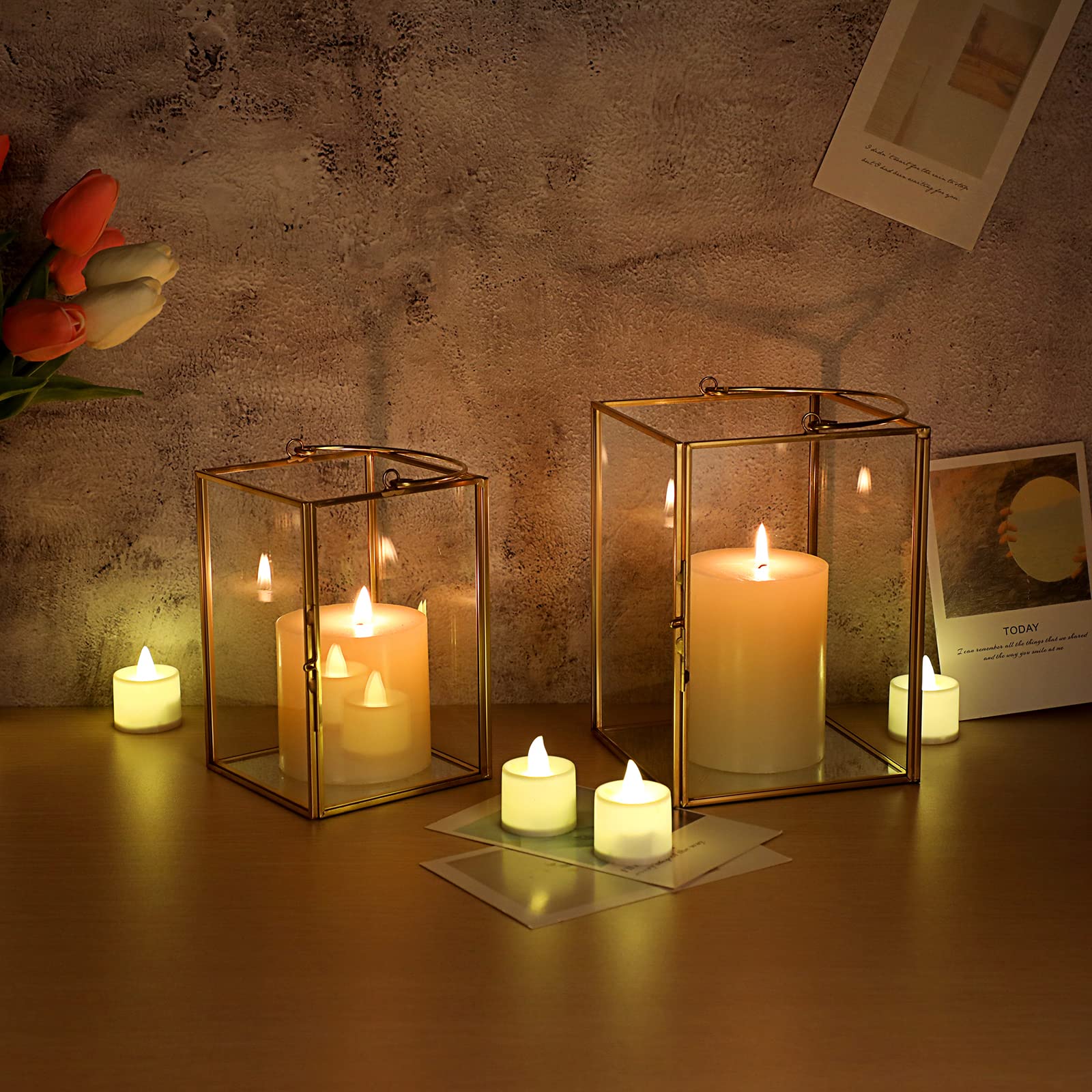 Set of 2 Gold Geometric Glass Hurricane Candle Holders with Metal Handles - Decorative Pillar Candle Stands for Wedding Centerpieces, Table Decor, Home & Garden Lighting, Romantic Dinner Ambience