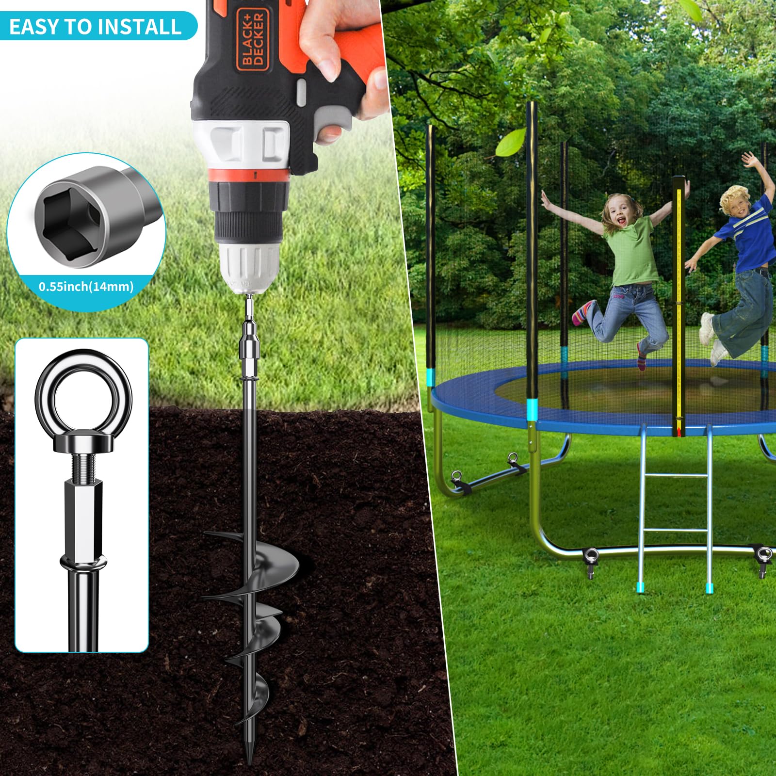 Heavy Duty 18'' Fully Welded Screw-in Ground Anchors - Chrome Plated Anti-Rust Swing Set Anchors with Straps for Dogs, Trampolines & Outdoor Equipment - Wind Resistant for Backyard, Playground & Garden Use