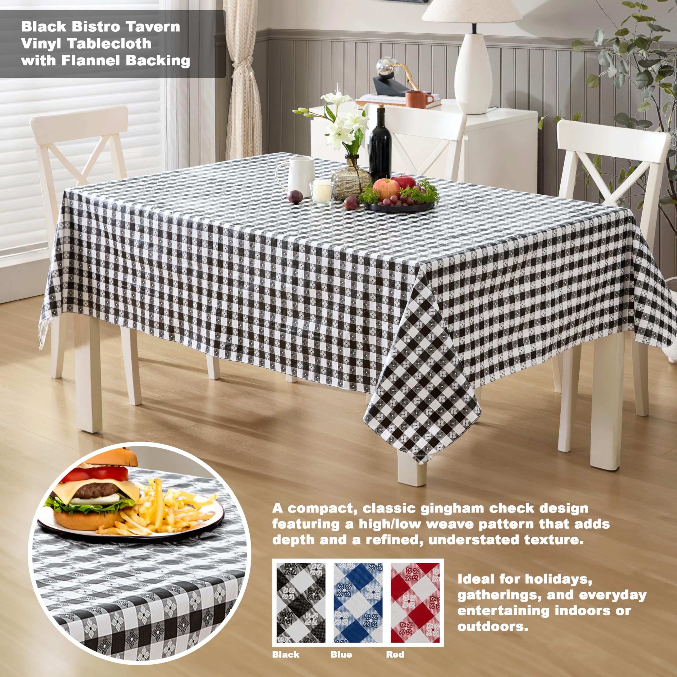 Newbridge 60 x 84 Inch Waterproof Rectangle Vinyl Tablecloth with Flannel Backing - Black & White Checkered Bistro Pattern - Durable Indoor/Outdoor Table Cover for Picnics, BBQs, Patio Dining, Restaurants & Cafe Decor