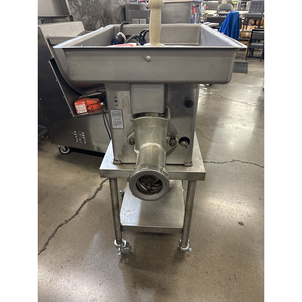 Refurbished Hobart 4732 Commercial #32 Heavy Duty Meat Grinder with Stainless Steel Feed Pan & Stand - 208V 3 Phase - Perfect for Butcher Shops, Restaurants & Food Processing