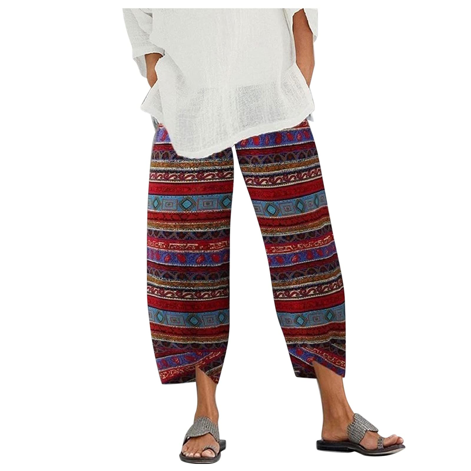 Women's High Waist Linen Capri Pants with Pockets - Floral Print Casual Harem Pants for Summer | Perfect for Yoga, Beach & Boho Style Outfits
