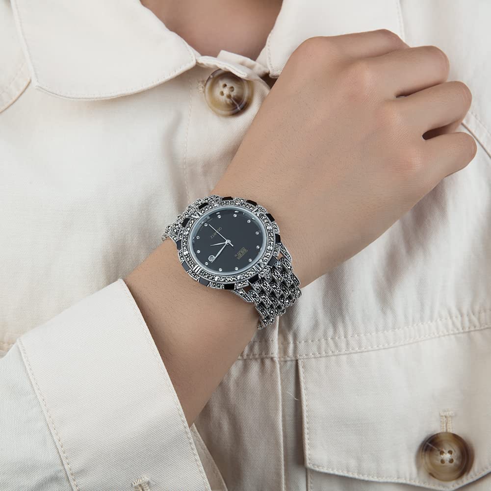 Men's Luxury Thai 925 Sterling Silver Marcasite Wrist Watch - Black 21CM Band - Elegant Dress Watch for Formal Events & Business Occasions