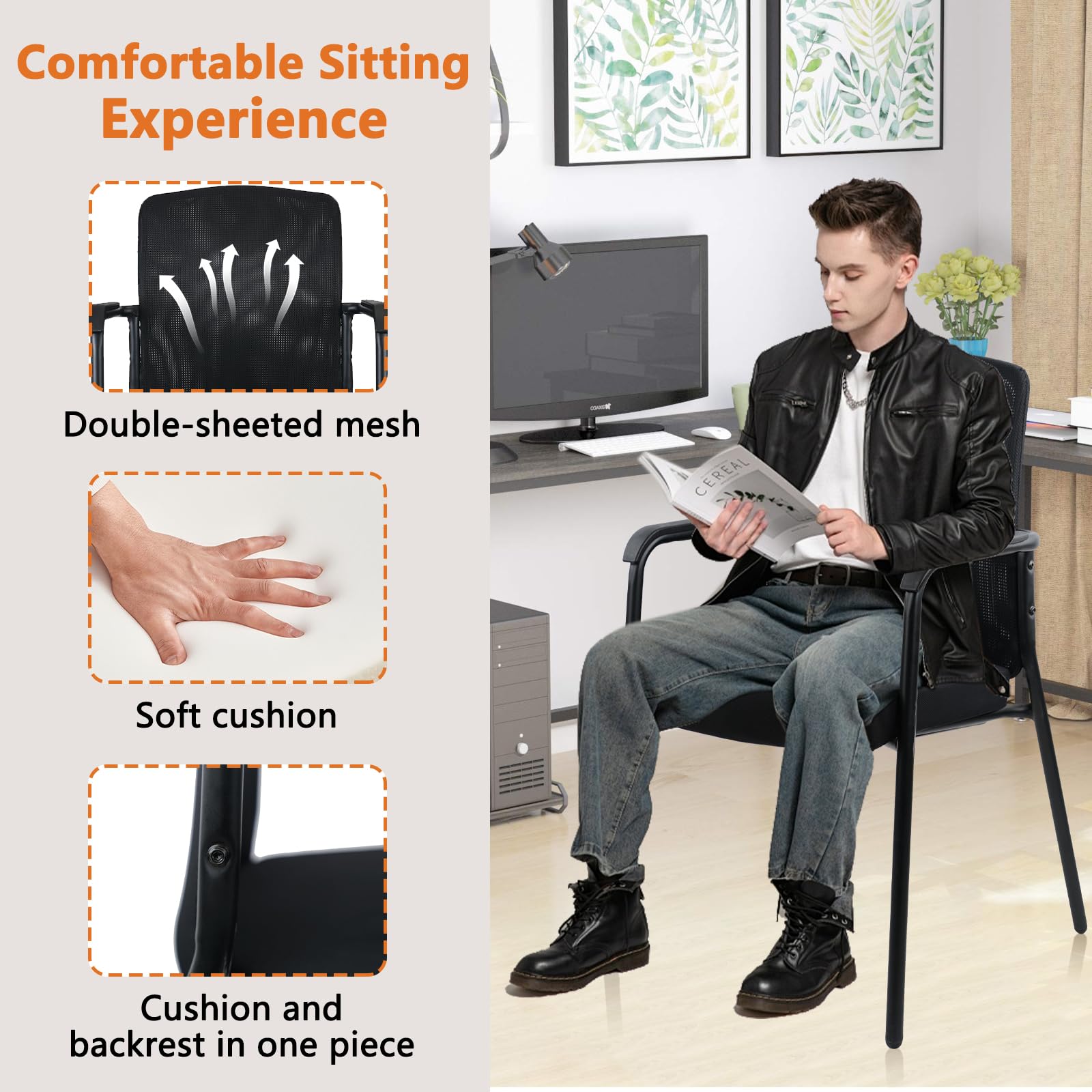 CLATINA Stackable Office Chairs with Arms - 4 Pack Double Mesh Waiting Room Chairs with Thickened Cushion, High Back Guest Chairs for Reception, Lobby, School, Banquet & Conference Rooms - Black Ergonomic Seating Solution