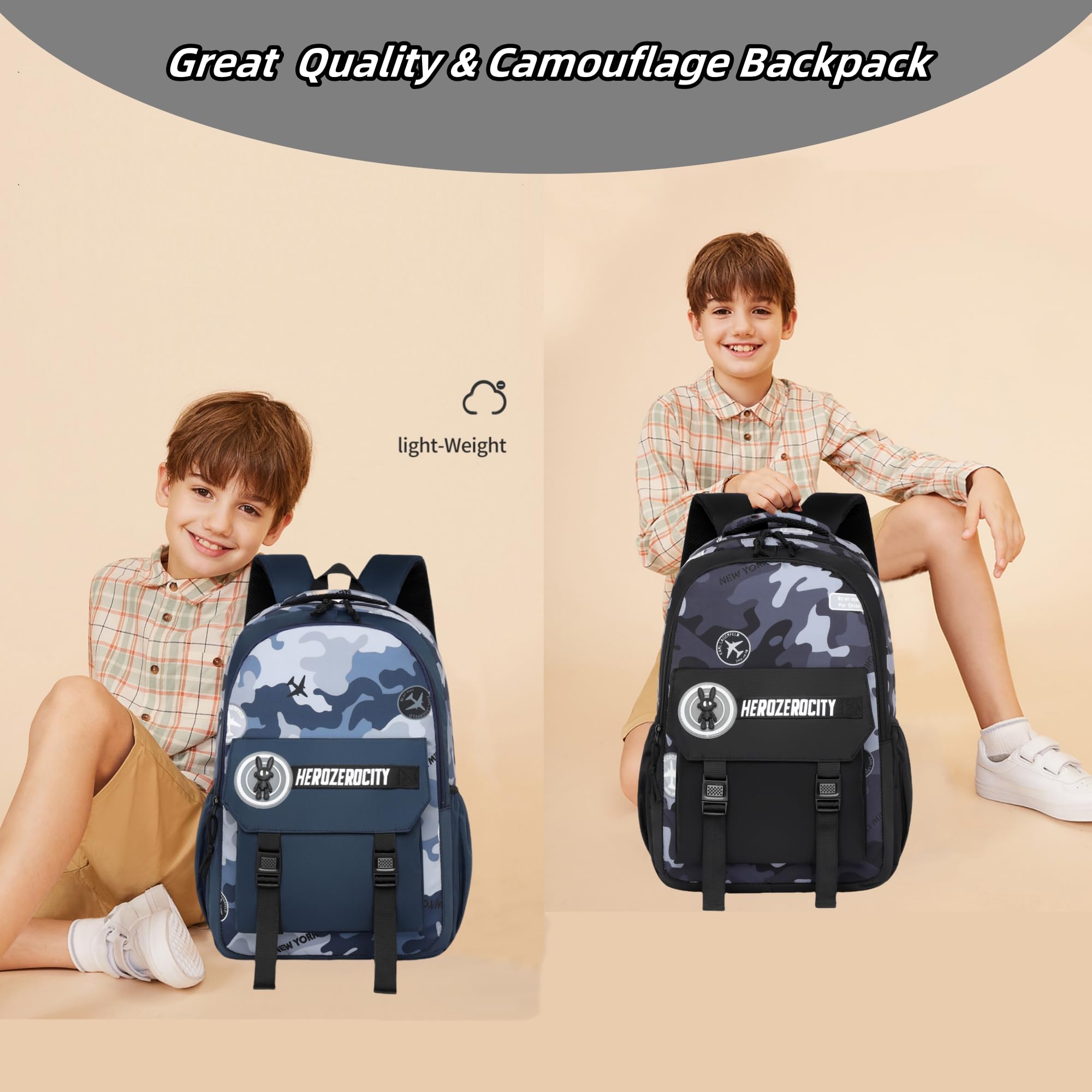 MITOWERMI Camouflage Backpack for Boys - Lightweight School Backpack for Kids, Durable Elementary Bookbag for Travel & Daily Use - Black Military Style Backpack for School, Hiking & Outdoor Adventures