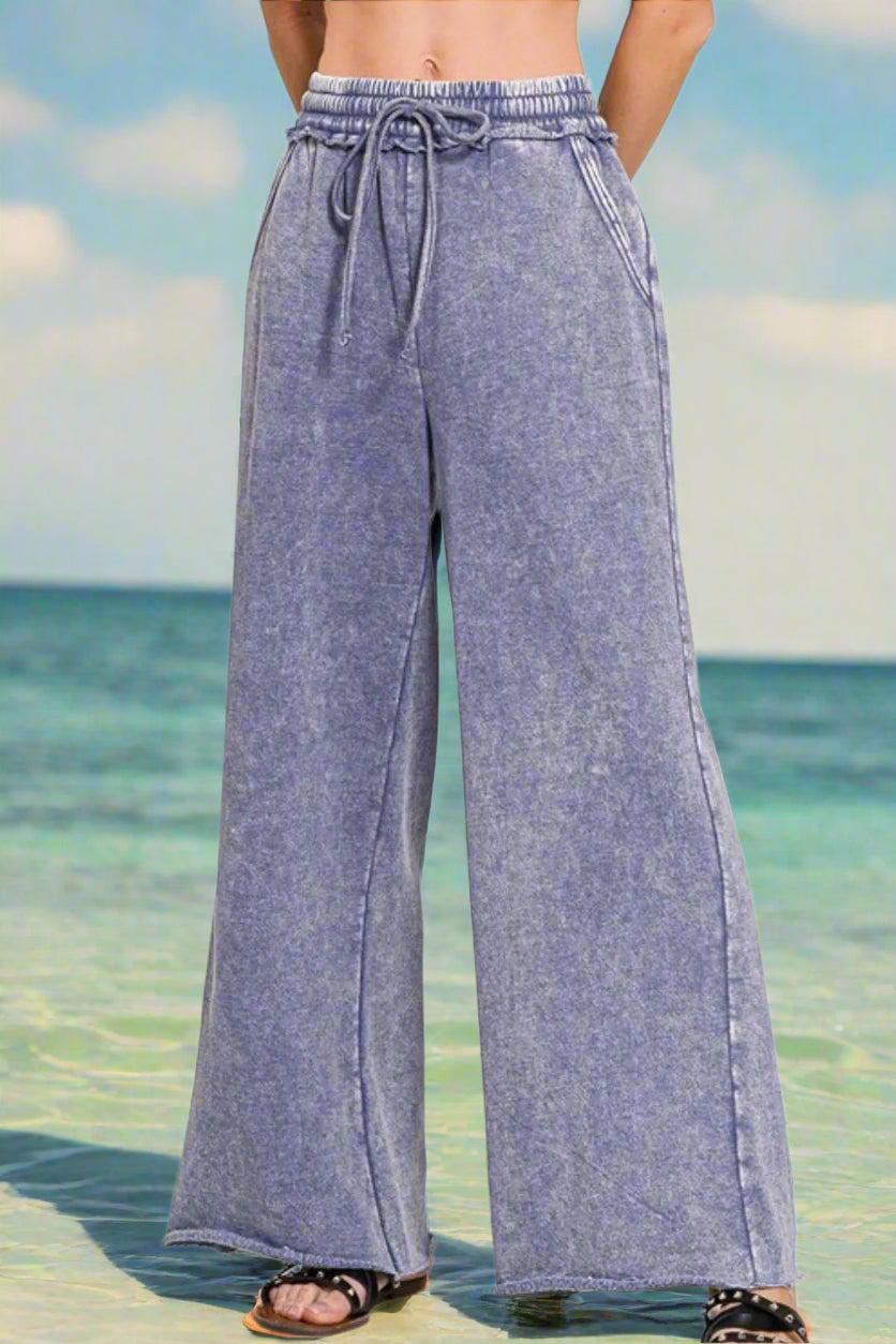 Acid Wash Fleece Palazzo Sweatpants with Pockets - Women's Comfortable Lounge Pants for Yoga, Travel & Home Wear