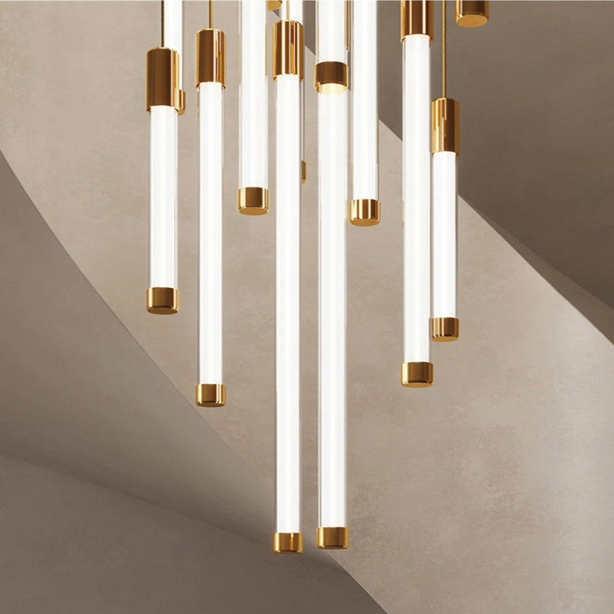 Modern Gold Tube LED Staircase Chandelier - Elegant Lighting Fixture for Hallway, Foyer & Stairwell Decor | Dimmable LED Chandelier for Home & Hotel Lighting