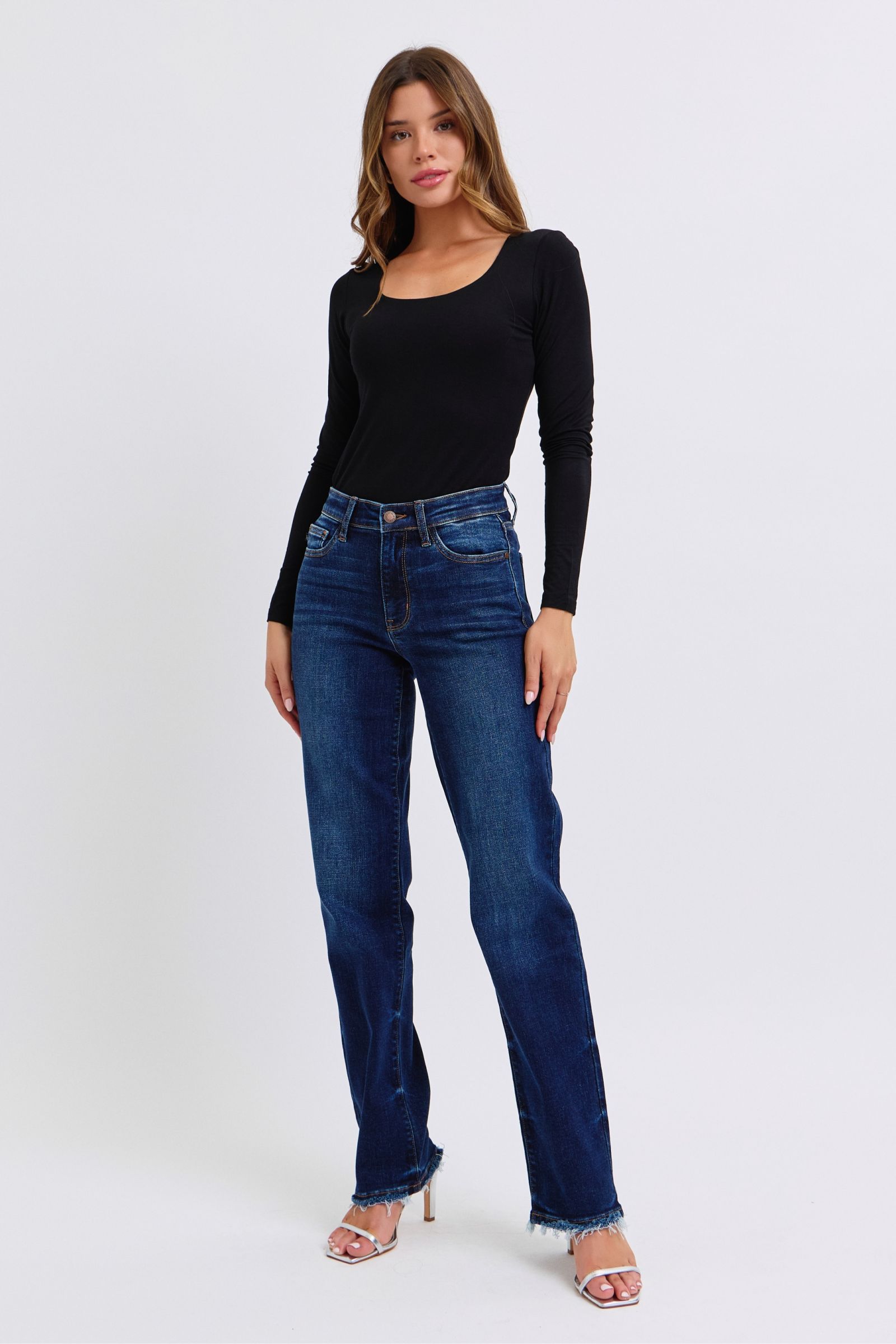 Judy Blue Women's Full Size Raw Hem Straight Leg Jeans - High Waist Denim Pants for Casual Wear & Everyday Outfits