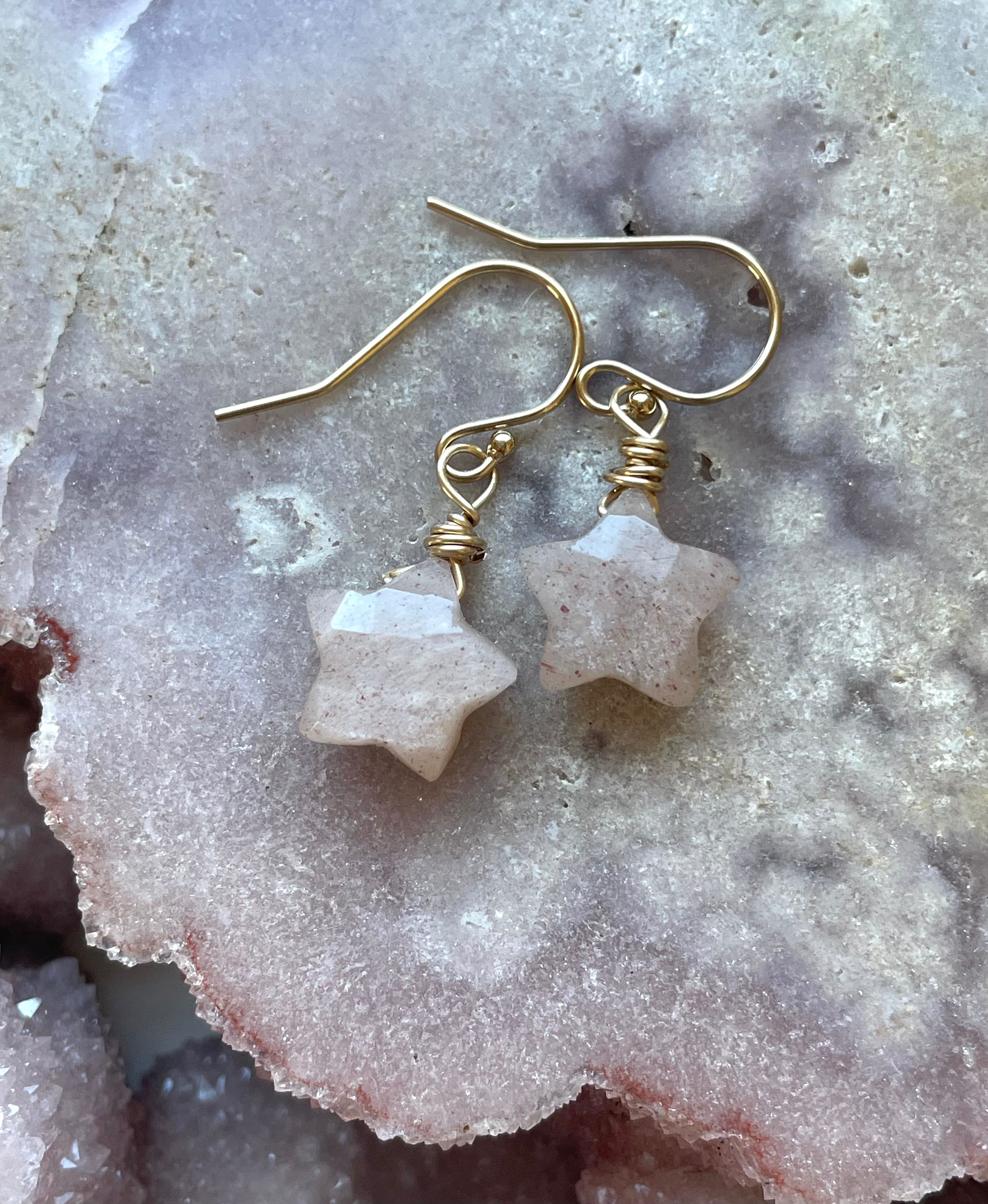 Peach Moonstone Star Earrings - Dainty Dangle Drop Earrings for Women | Perfect for Everyday Wear, Date Nights & Boho Jewelry Collection